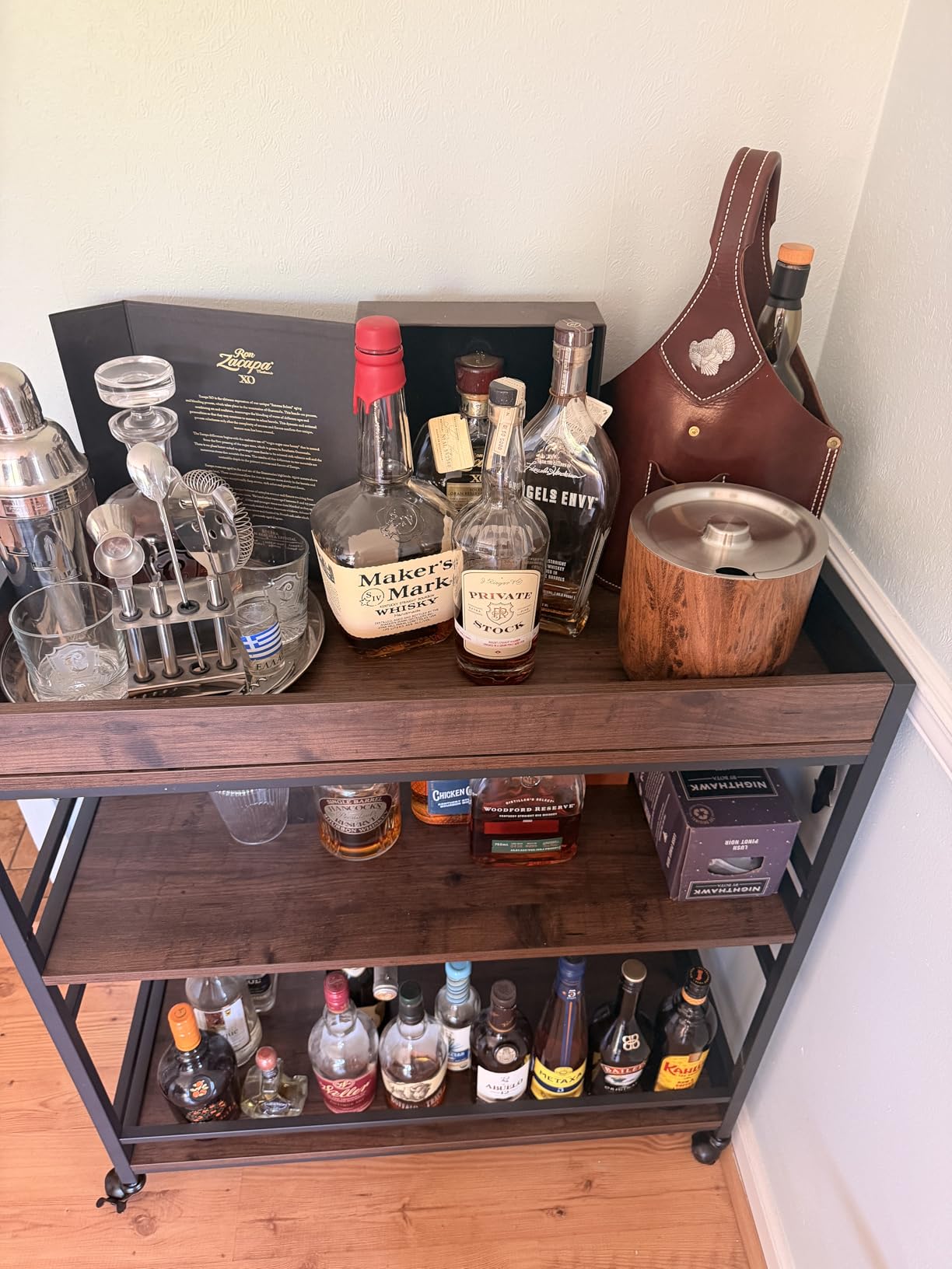 BON AUGURE Bar Cart for The Home, Bar Serving Carts on Wheels, 3 Tier Storage Drink Trolley, Rolling Wood and Metal Liquor Beverage Cart (Vintage Oak) customer photo 1