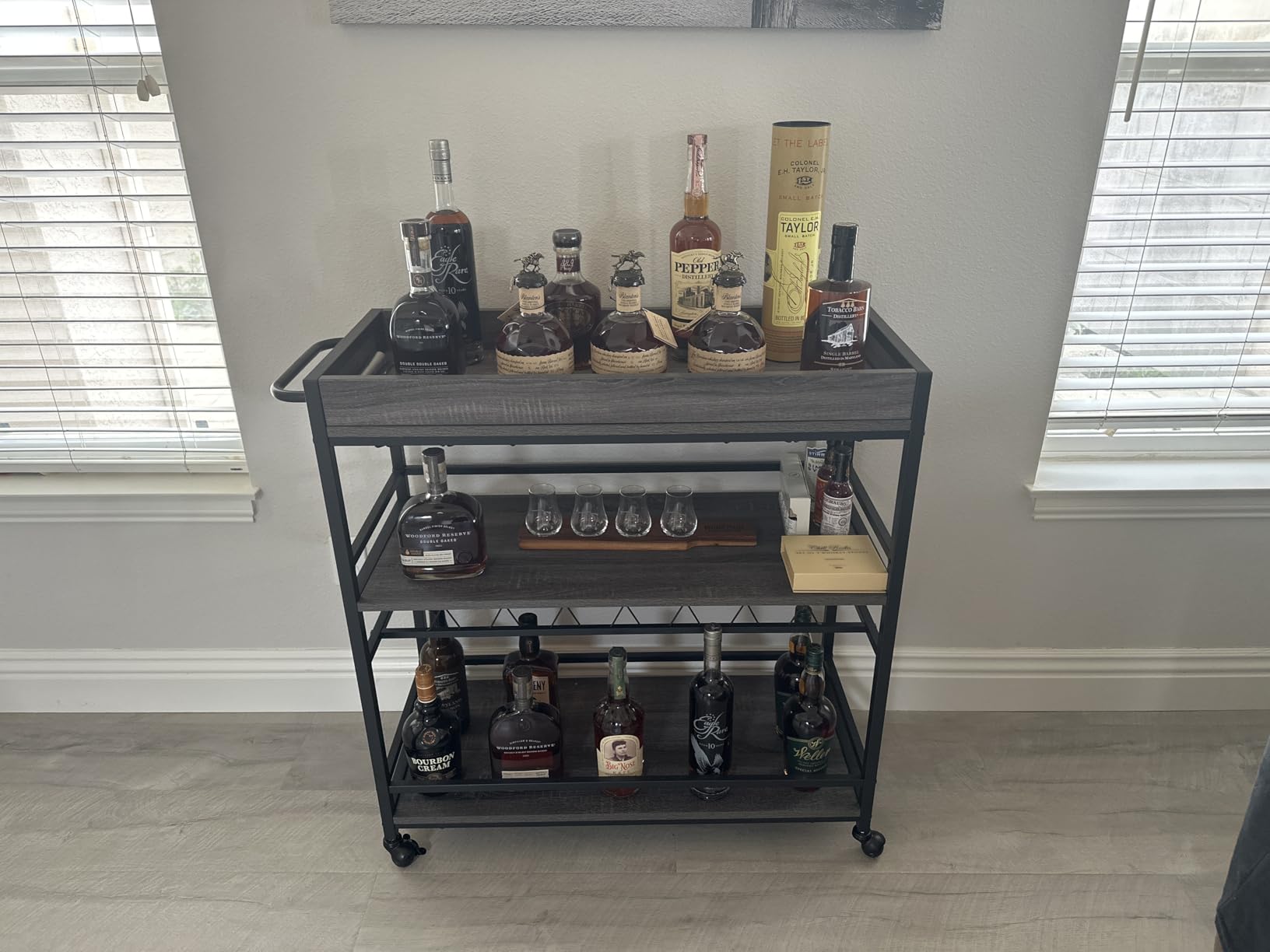 BON AUGURE Bar Cart for The Home, Bar Serving Carts on Wheels, 3 Tier Storage Drink Trolley, Rolling Wood and Metal Liquor Beverage Cart (Vintage Oak) customer photo 2
