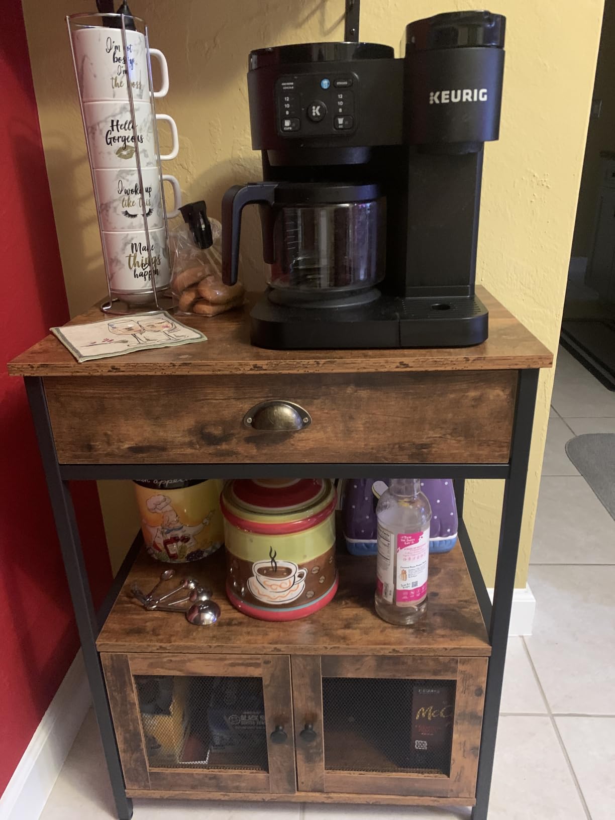 Catrimown Coffee Bar Cart Cabinet,3 Tier Coffee Station Table on Wheels,Coffee Cart with Storage for Home Kitchen, Liquor Buffet Sideboard Cabinet, Rustic Brown customer photo 1