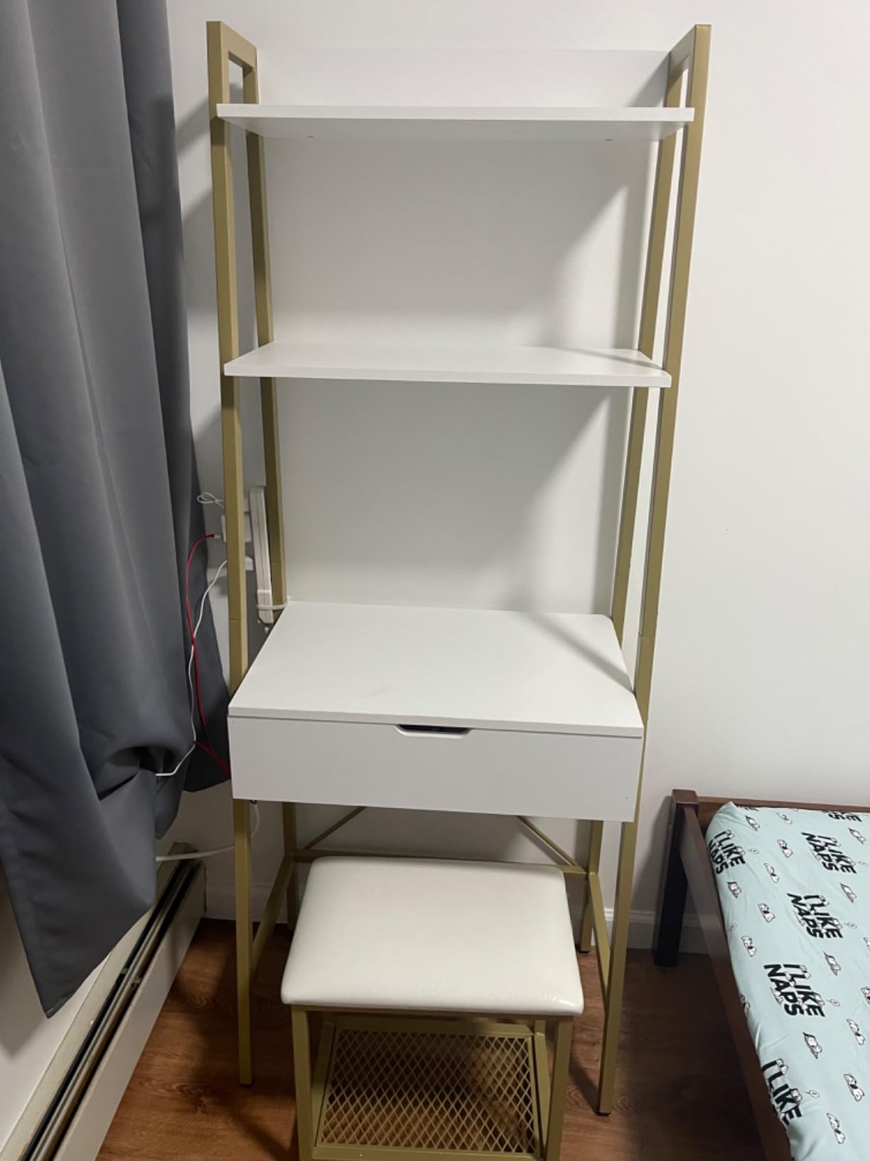 COSTWAY Ladder Vanity Desk Set with Flip-up Mirror for Small Space, Bedroom - Narrow Makeup Vanity Dressing Table and Cushioned Stool Set w/ Metal Frame, 4 Storage Compartments & 2 Shelves, Rustic Brown customer photo 2