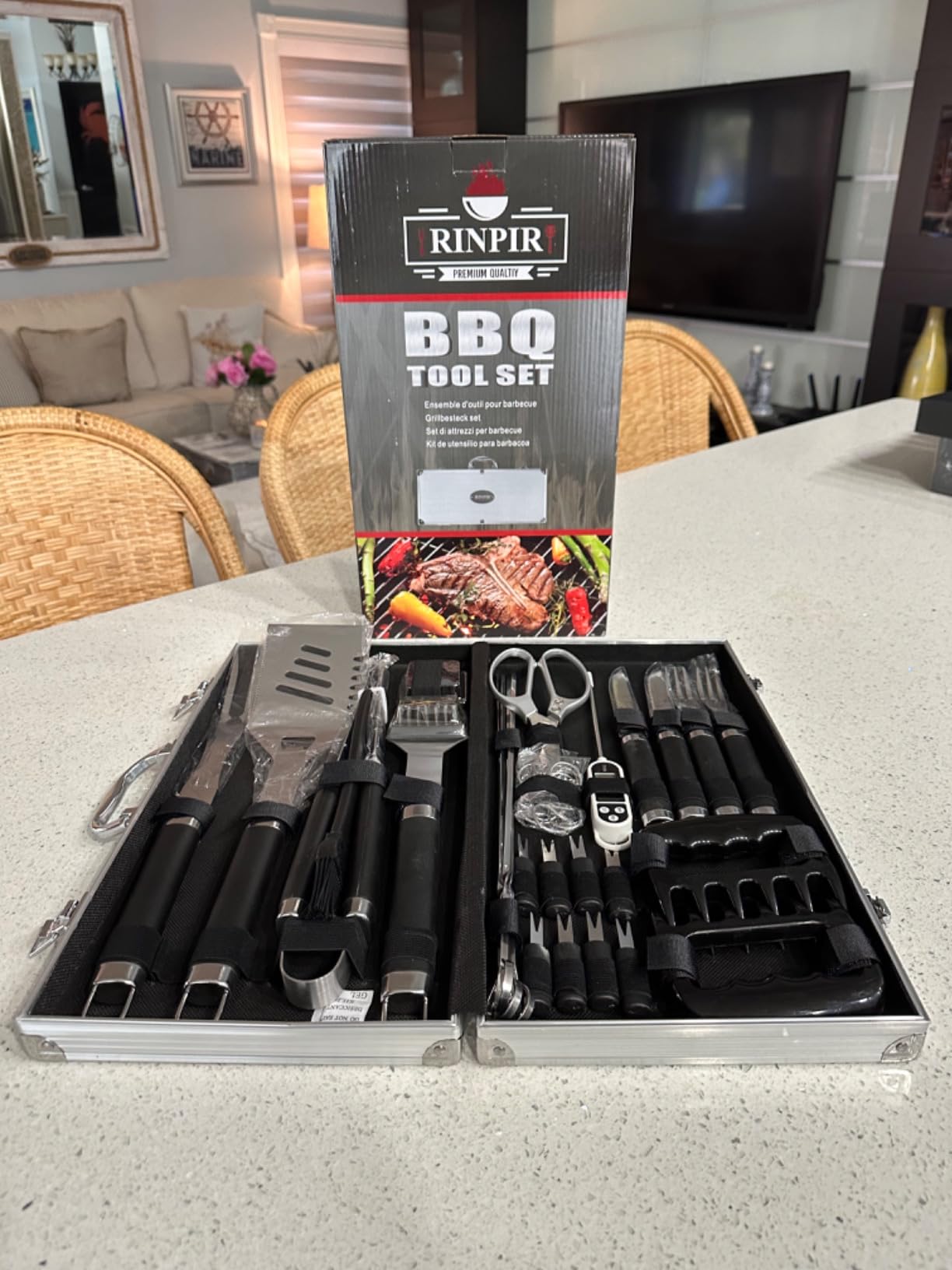 RINPIR 35pcs Grilling Tools Gifts Set with Scissors for Men Birthday Brown | Stainless Steel BBQ Accessories Kit for Dad Father's Day, Professional Grill Utensils with Aluminum Case for Outdoor Camping customer photo 2