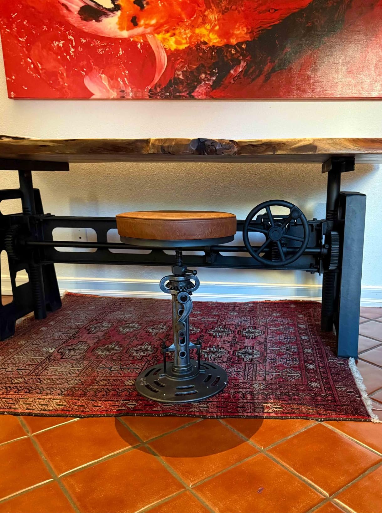 American Antique Steampunk Deco Vintage Industrial Bar Cafe Stool, Retro Stylish Cast Iron Base Swivel Round Leather Top, Easily Adjusts by Crank Handle customer photo 1