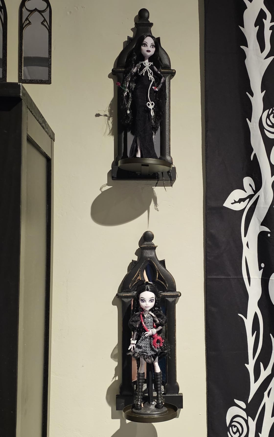 Gothic Candle Sconces Set of 2 with Real Mirror | Black Wood Wall Candle Holder, Cathedral Arch Frame, 4.33