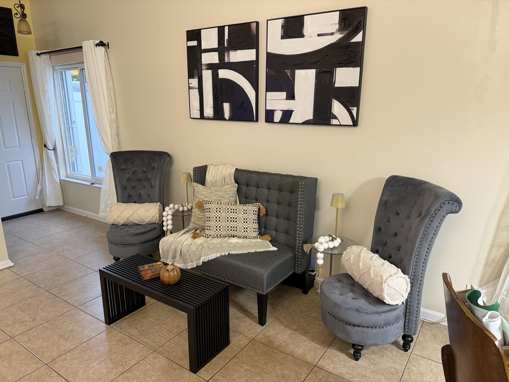 AVAWING High Back Velvet Throne Chair, Grey Royal Armless Accent Chair | Nailhead Trim; Tufted Ergonomic Back; Hidden Huge Storage; Sturdy Wood Legs; Easy Assembly; Elegant Design for Bedroom customer photo 1