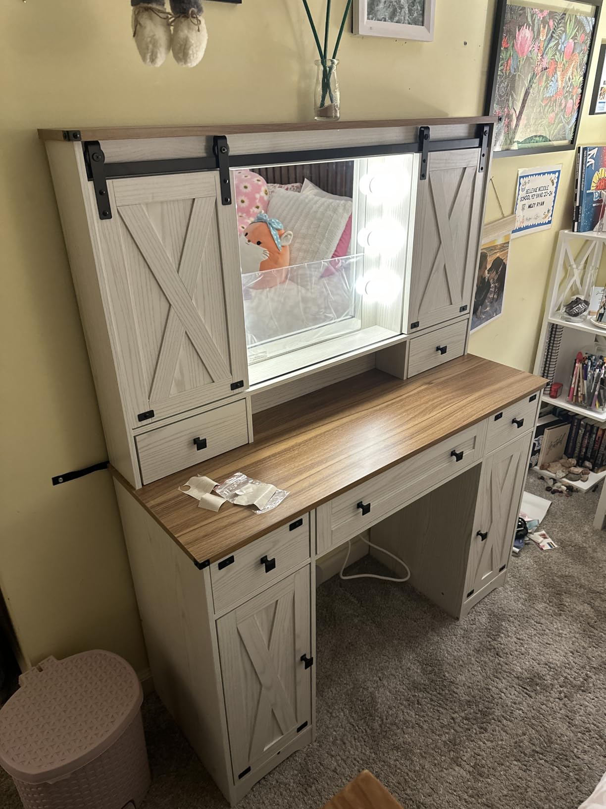 DICTAC Farmhouse Makeup Vanity Desk with Lighted Mirror & Power Strips, Vanity Table with Sliding Barn Door Hidden Shelves & 5 Drawers & 2 Cabinets, White Dressing Table for Bedroom, Lights Adjustable customer photo 2