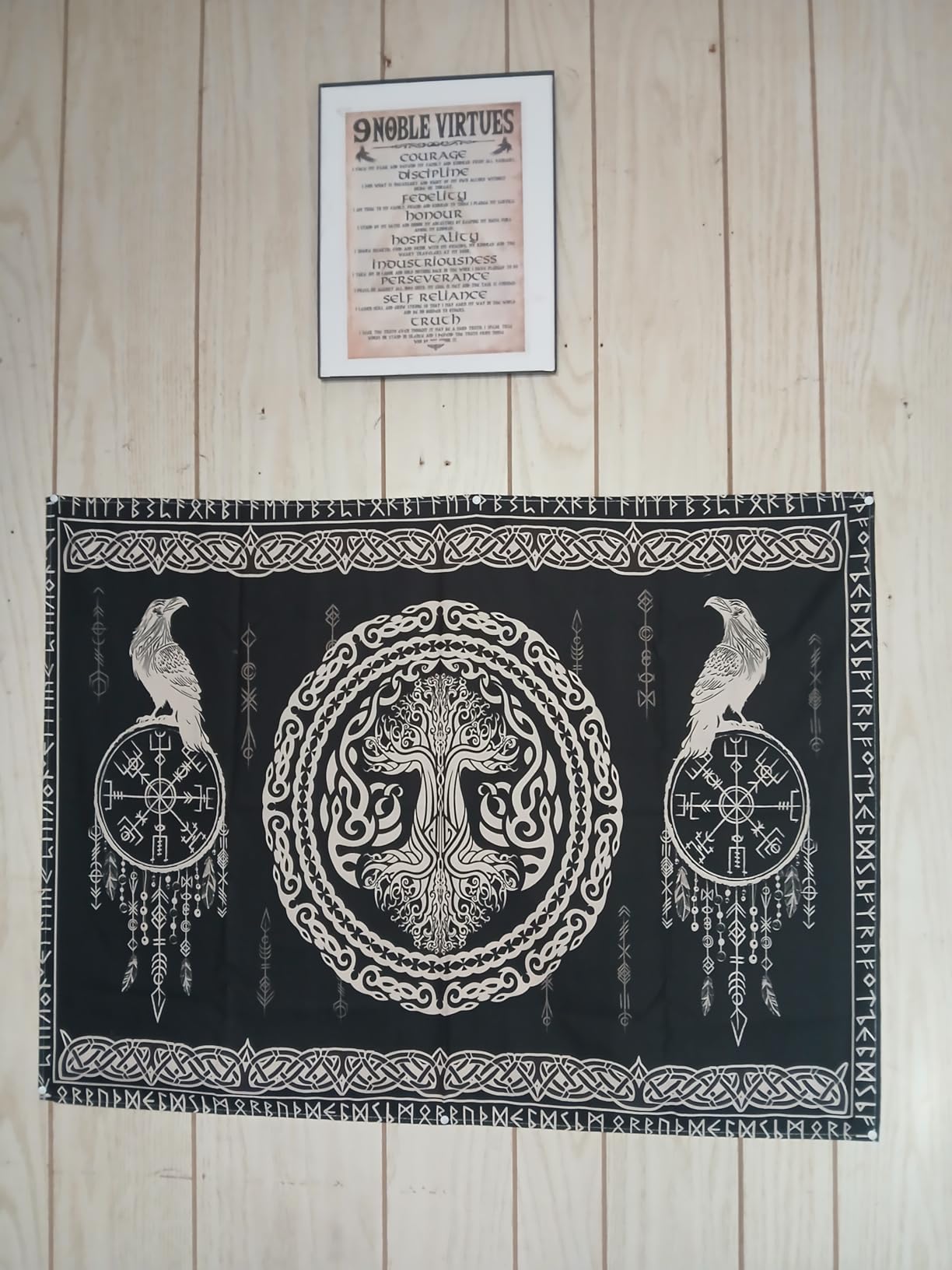 Hajmsug Vikings Tapestry,Black and White Tree Bird of Wisdom Celtic Rune Ancient Rune Totem Norse Mythology Medieval Viking Wall Art,Aesthetic Mythology Tapestry for Bedroom Living Room,80X60 Inch. customer photo 1