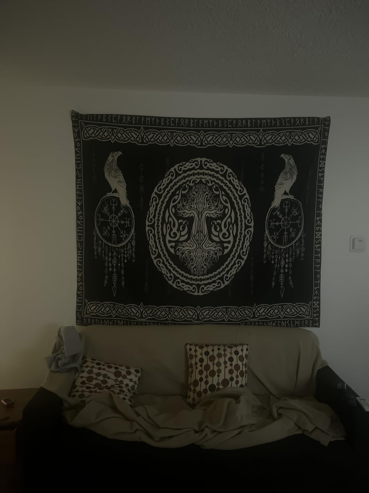 Hajmsug Vikings Tapestry,Black and White Tree Bird of Wisdom Celtic Rune Ancient Rune Totem Norse Mythology Medieval Viking Wall Art,Aesthetic Mythology Tapestry for Bedroom Living Room,80X60 Inch. customer photo 2