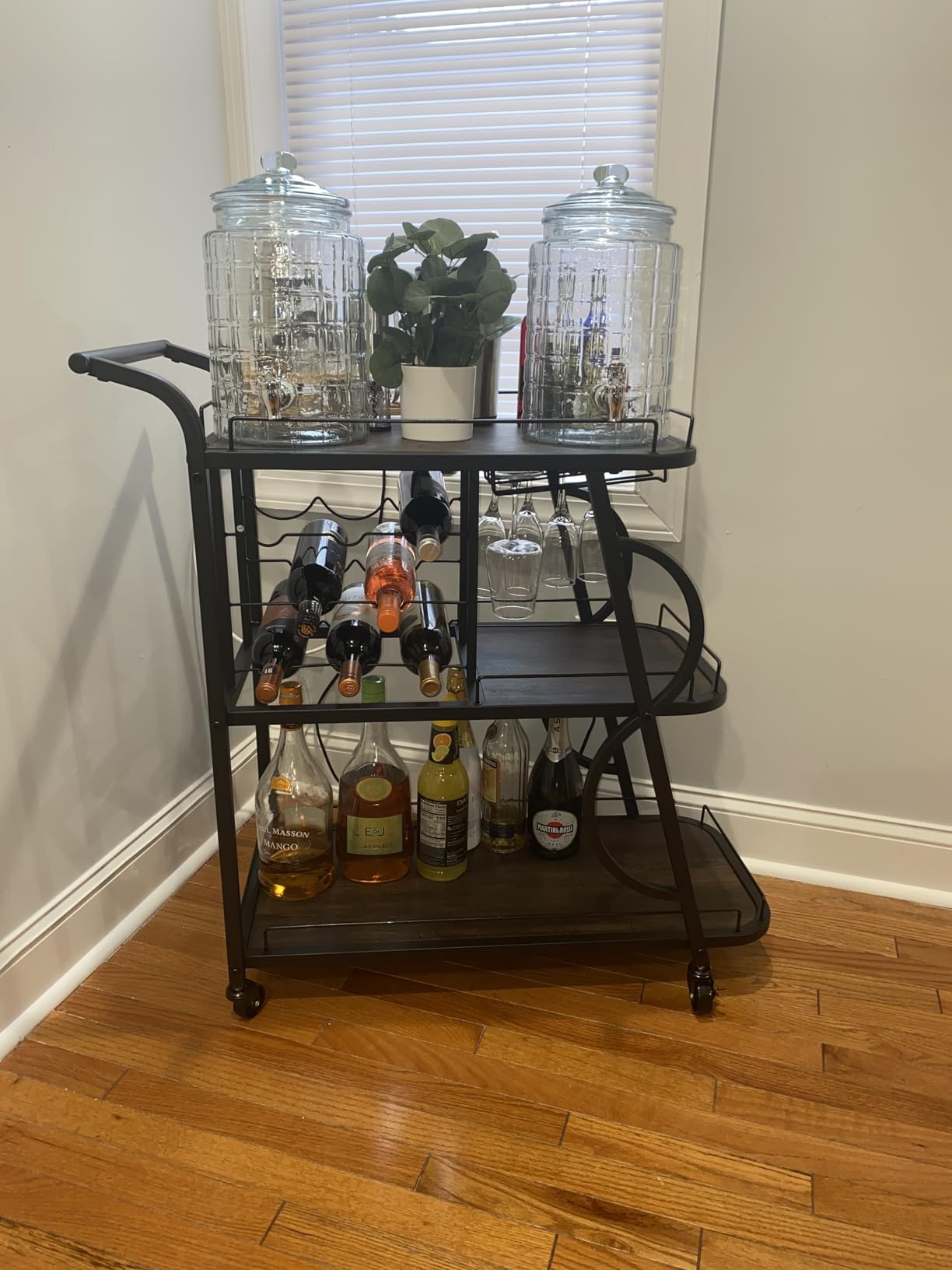 Rustic Bar Cart, 3 Tier Rolling Bar Carts for The Home, Industrial Home Serving Cart with Wine Glass Holder, Wood Metal Liquor Trolley, Mobile Beverage and Drink Carts (Walnut Brown) customer photo 1