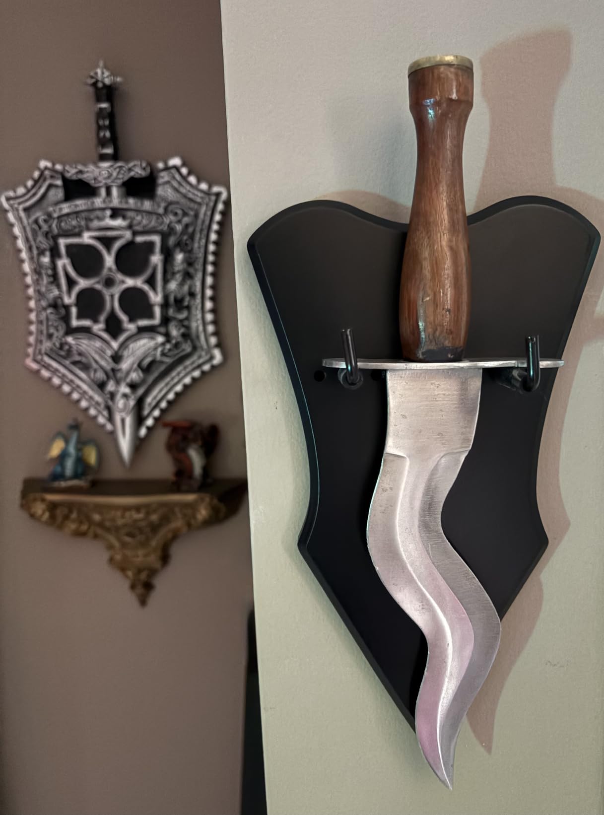 Sword Mount Vertical Wood Plaque Wall Medieval Sword Display Holder Axe Hanger Dagger Rack Hook Stand for Wall Weapon Display (1 Pcs Medium) customer photo 2