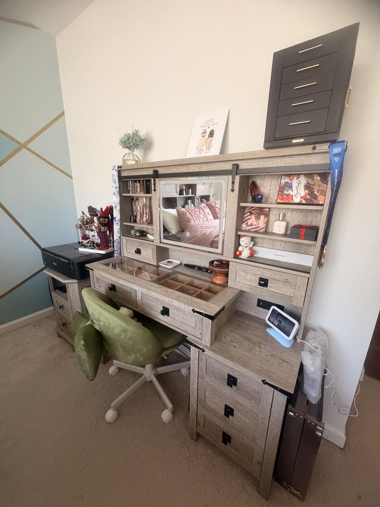 T4TREAM 48'' Farmhouse Makeup Vanity Desk with Sliding HD Mirror and Lights, Big Modern Lighted Vanity Table with 7 Drawers & Shelves, Rustic Large Dressing Table for Bedroom, Dark Rustic Oak customer photo 2