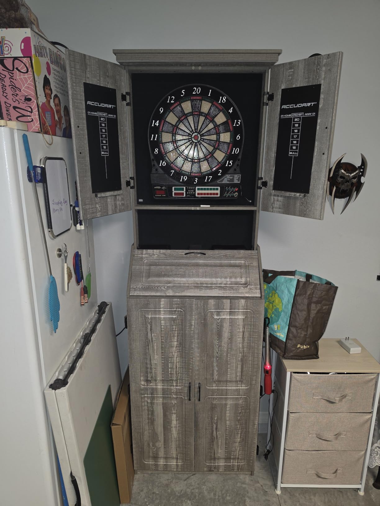 Accudart Dartboard Cabinet Set with LED Lighting - Premium Brazilian Sisal Board, Staple‑Free Razor Wire, Weathered Grey Cabinet, Built‑in Storage, Dual Chalkboards - Includes Steel‑Tip Darts customer photo 1