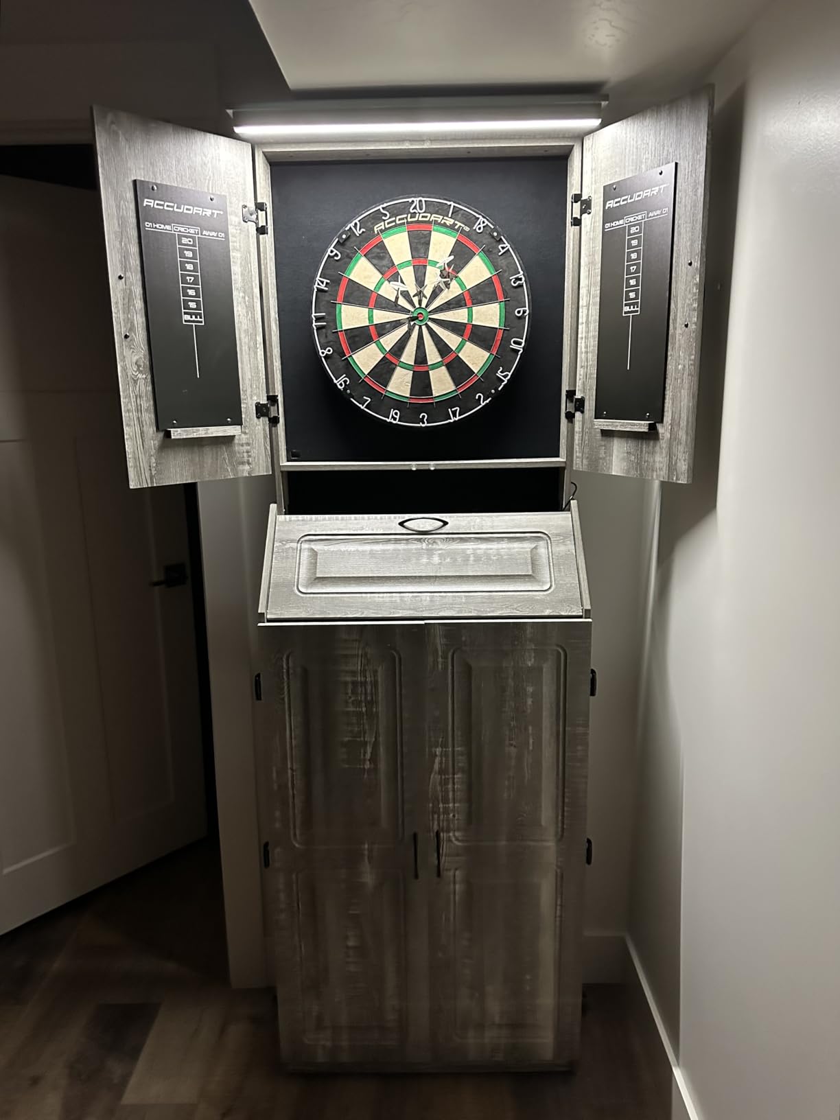 Accudart Dartboard Cabinet Set with LED Lighting - Premium Brazilian Sisal Board, Staple‑Free Razor Wire, Weathered Grey Cabinet, Built‑in Storage, Dual Chalkboards - Includes Steel‑Tip Darts customer photo 2