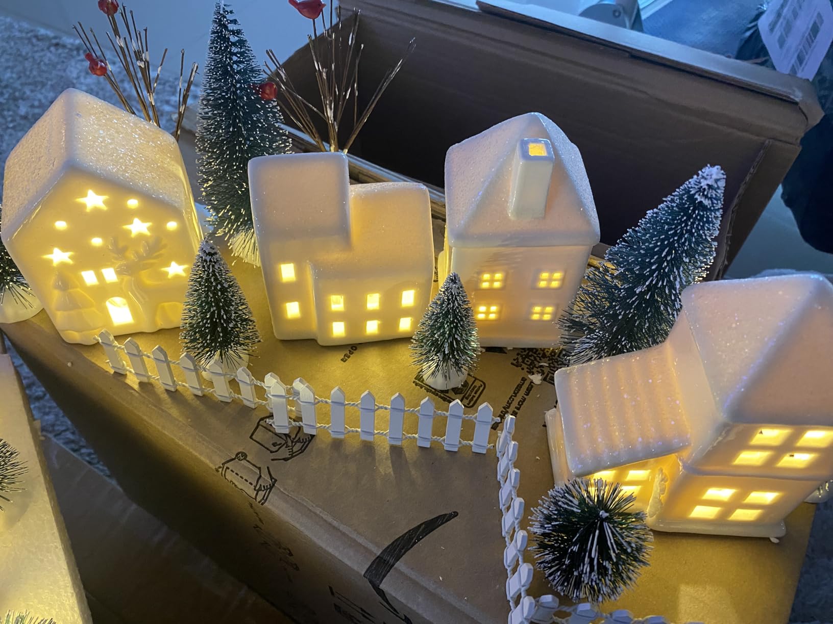 Fovths 42 Pieces Porcelain Christmas Village Set 9 Lighted LED Xmas Village Houses with 16 Xmas Trees, Withered Tree Lamp Fence Bench Winter Village Building Figurines for Holiday Tabletop Decor customer photo 2