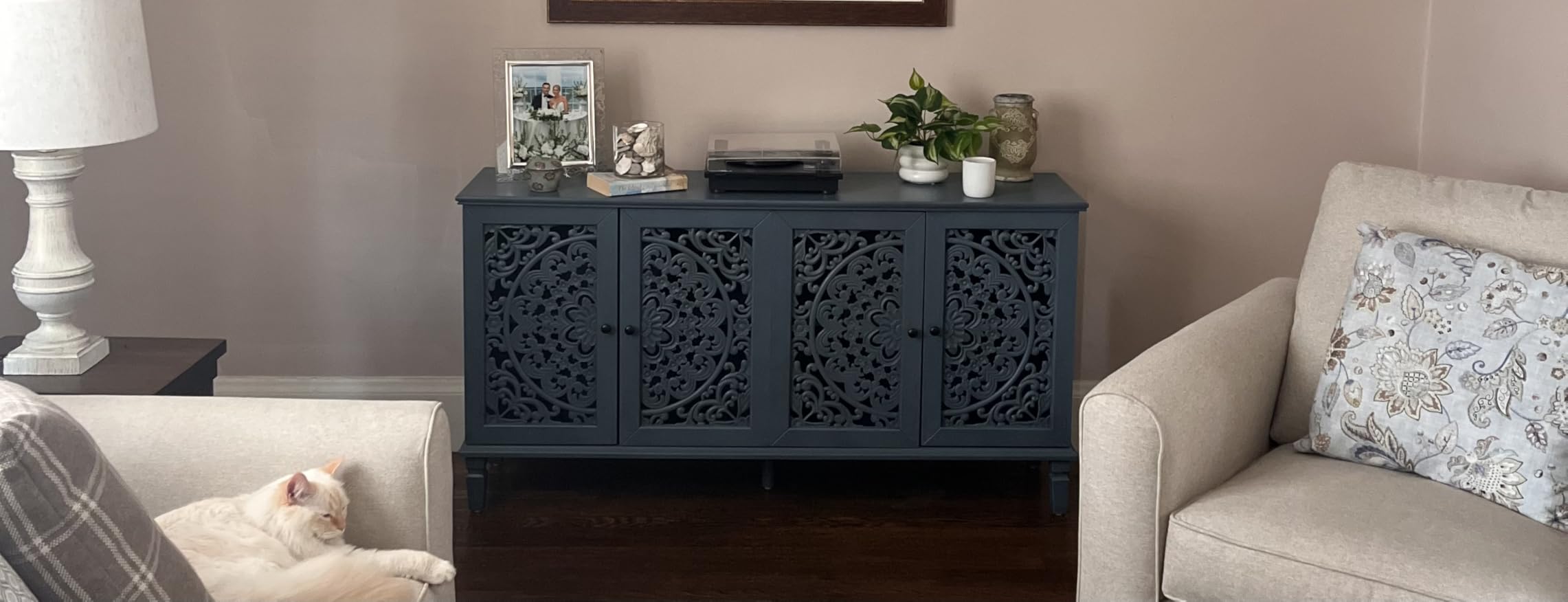 Vintage Sideboard Buffet Table Accent Credenza Storage Cabinet with 4 Hollow Carving Doors Adjustable Shelves Wood Legs for Kitchen Dining Living Room Entryway 60 Inch Antique Black customer photo 1