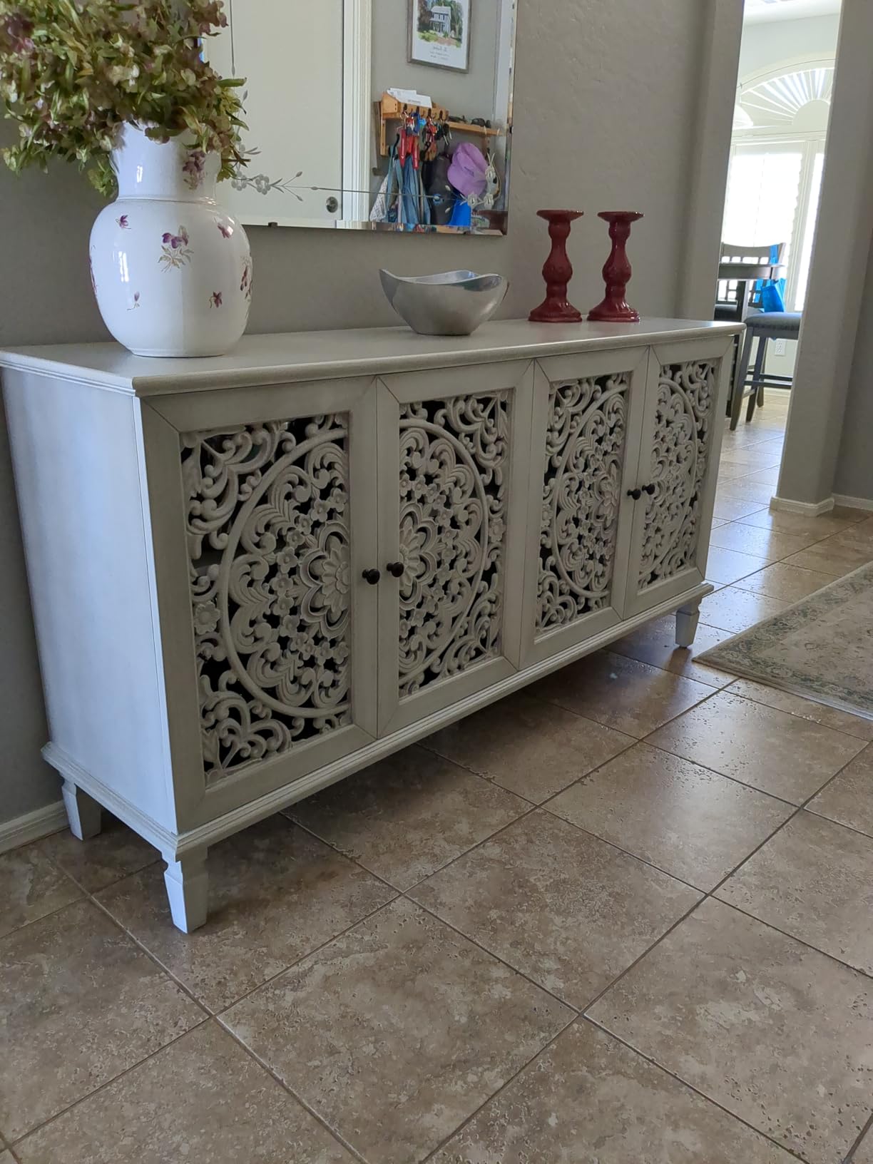 Vintage Sideboard Buffet Table Accent Credenza Storage Cabinet with 4 Hollow Carving Doors Adjustable Shelves Wood Legs for Kitchen Dining Living Room Entryway 60 Inch Antique Black customer photo 2