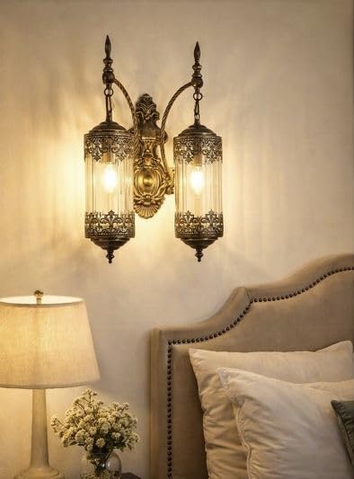VitaLink Gothic Wall Sconce 2 Pack, Amber Glass Rustic Gold Wall Lamp Lantern Retro Wall Mount Lighting with Amber Glass, Hardwired Vintage Sconces for Living Room Bedroom Bathroom customer photo 2