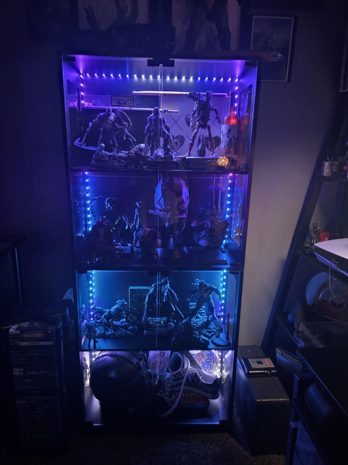 AODK Display Case with LED Lights, Display Cabinet with Glass Storage Shelves and Industrial Metal Mesh, 4-Tier Display Shelf for Collectibles, Curio Cabinet with Open Shelf, Black Book Shelf customer photo 1