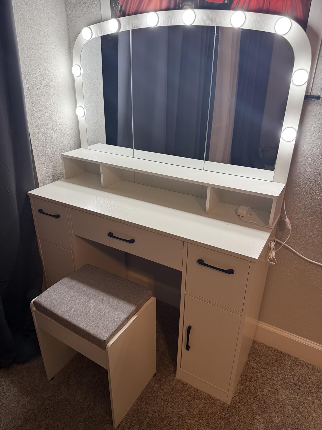 CHARMAID Large Vanity Desk with Arched Mirror and Lights, Vintage Makeup Vanity Table with Charging Station, Storage Drawers & Cabinets, Dressing Table with Stool for Bedroom, Rustic Brown customer photo 2