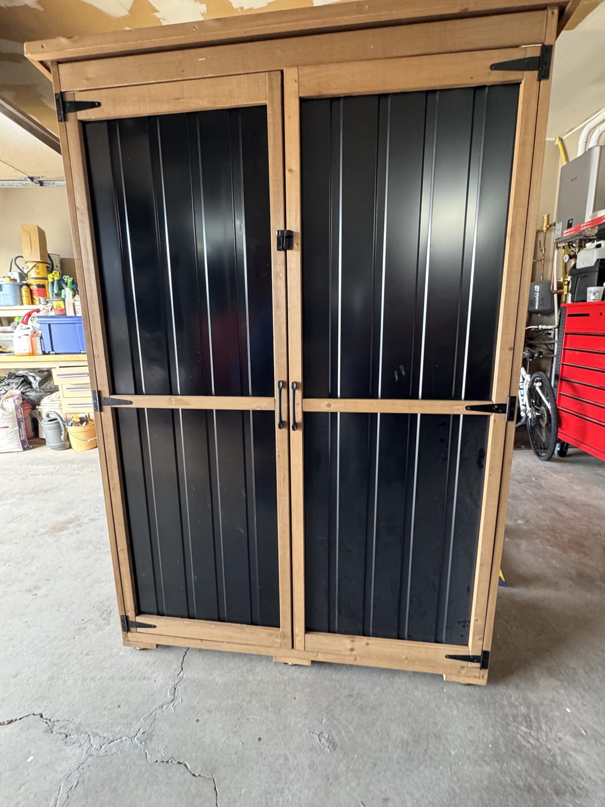 Outdoor Storage Cabinet Weather-Resistant, Wood & Metal Storage Shed with 3 Removable Shelves, Waterproof Roof, Adjustable Feet, Patio Storage Cabinet Outside for Garden Garage Backyard Pool customer photo 1