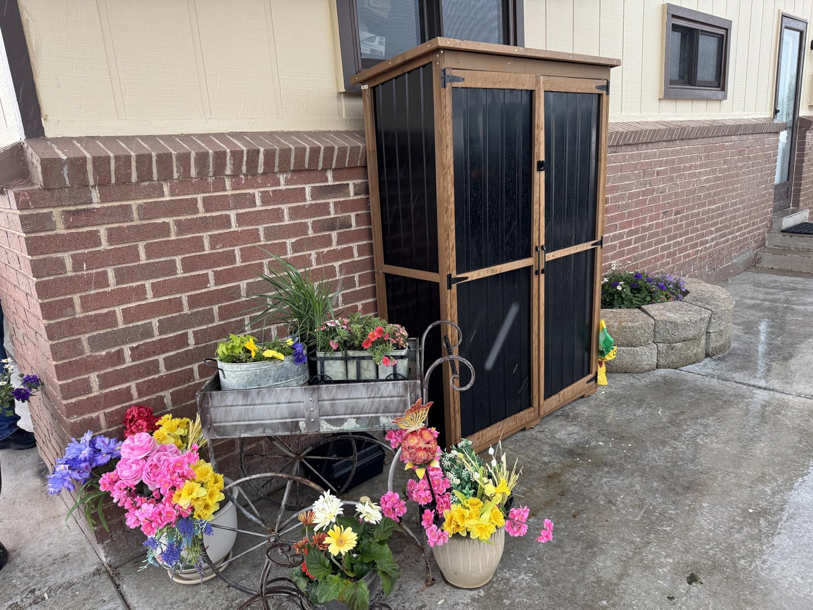 Outdoor Storage Cabinet Weather-Resistant, Wood & Metal Storage Shed with 3 Removable Shelves, Waterproof Roof, Adjustable Feet, Patio Storage Cabinet Outside for Garden Garage Backyard Pool customer photo 2