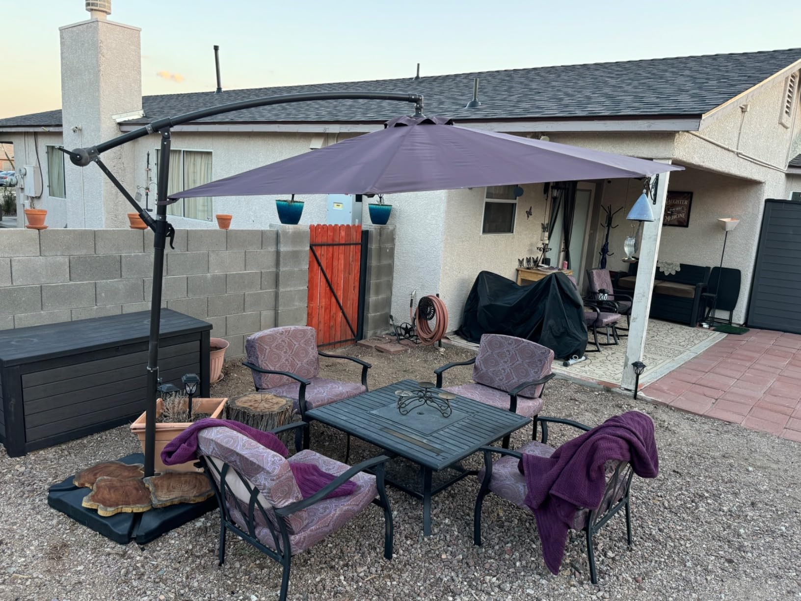 wikiwiki 10ft Solar LED Offset Patio Umbrella, Outdoor Cantilever Patio Umbrellas with Solar Lights for Backyard, Poolside and Garden, Easy Tilt Adjustment, 32 LED Lights & Polyester Shade, Tan customer photo 2