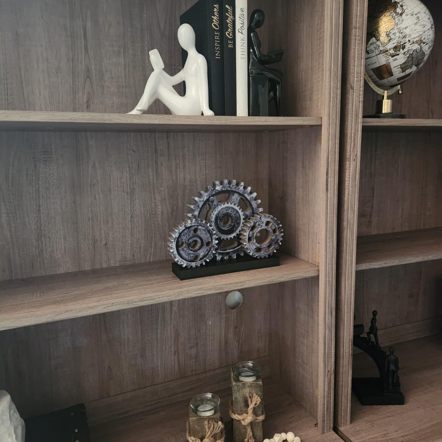 Novabright Steampunk Industrial Gear Train Figurine, Vintage Copper Colored Wooden Gear Wheel Desktop Ornament customer photo 1