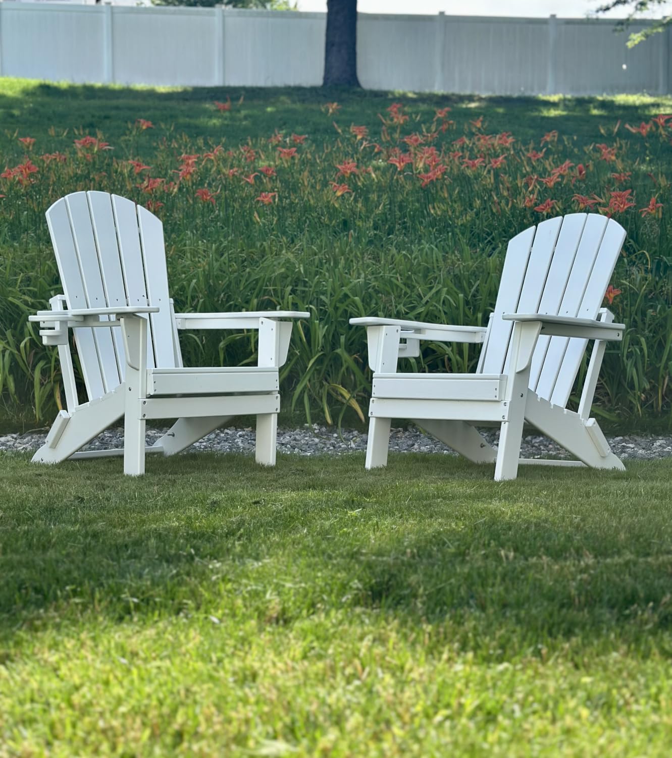 Folding Adirondack Chair Set of 6, Cup Holder, Wooden Textured, Heavy All-Weather HDPE Comfortable Set Poolside Backyard Lawn, Black customer photo 2