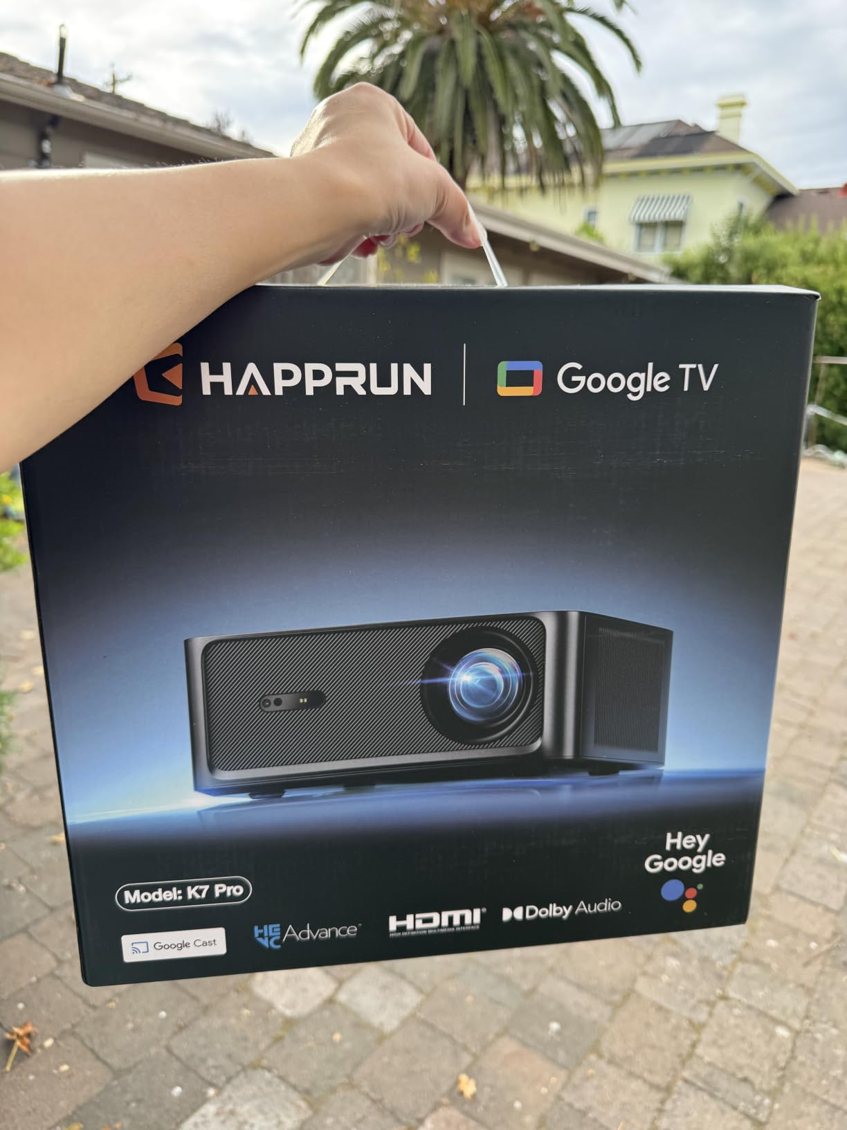 HAPPRUN 3000 ANSI Lumens Outdoor Projector with Official Google TV, 4K Supported Smart Movie Projector, Dolby Audio, Auto Focus & Keystone, WiFi 6 and Bluetooth for Indoor & Outdoor Movies,Black customer photo 1