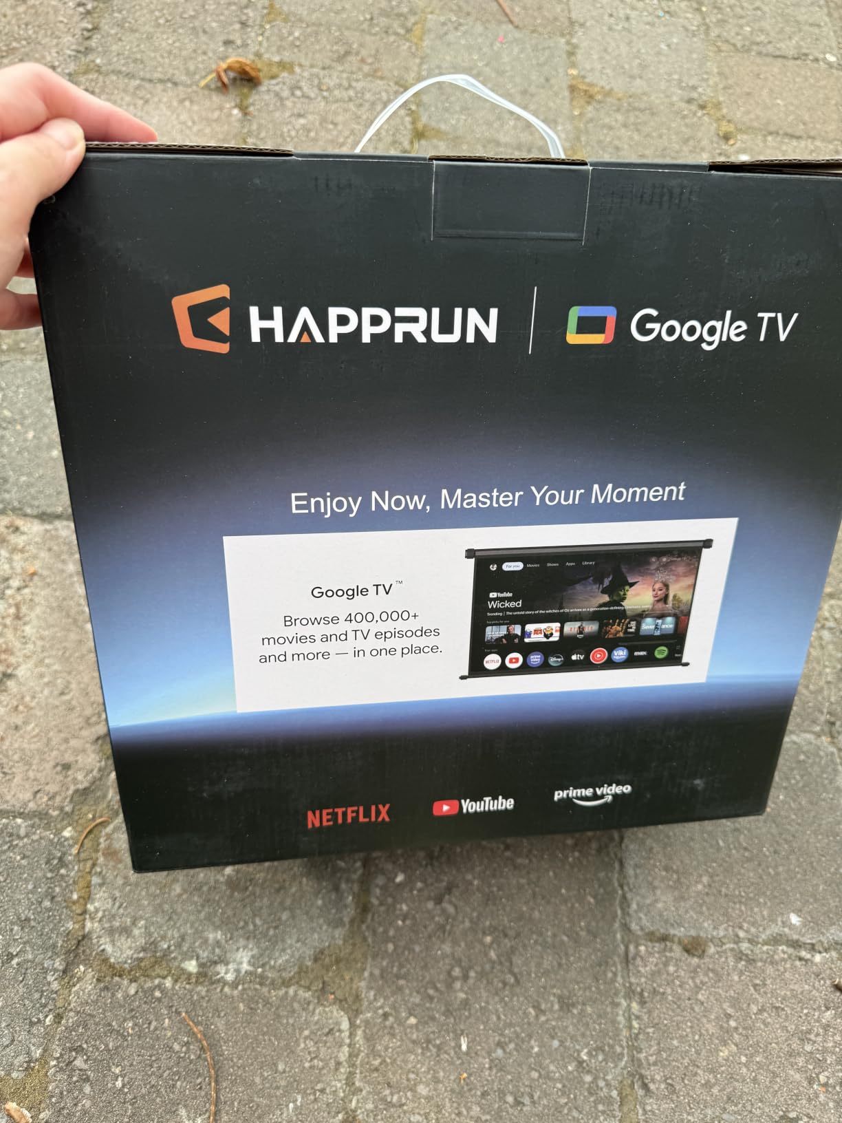 HAPPRUN 3000 ANSI Lumens Outdoor Projector with Official Google TV, 4K Supported Smart Movie Projector, Dolby Audio, Auto Focus & Keystone, WiFi 6 and Bluetooth for Indoor & Outdoor Movies,Black customer photo 2