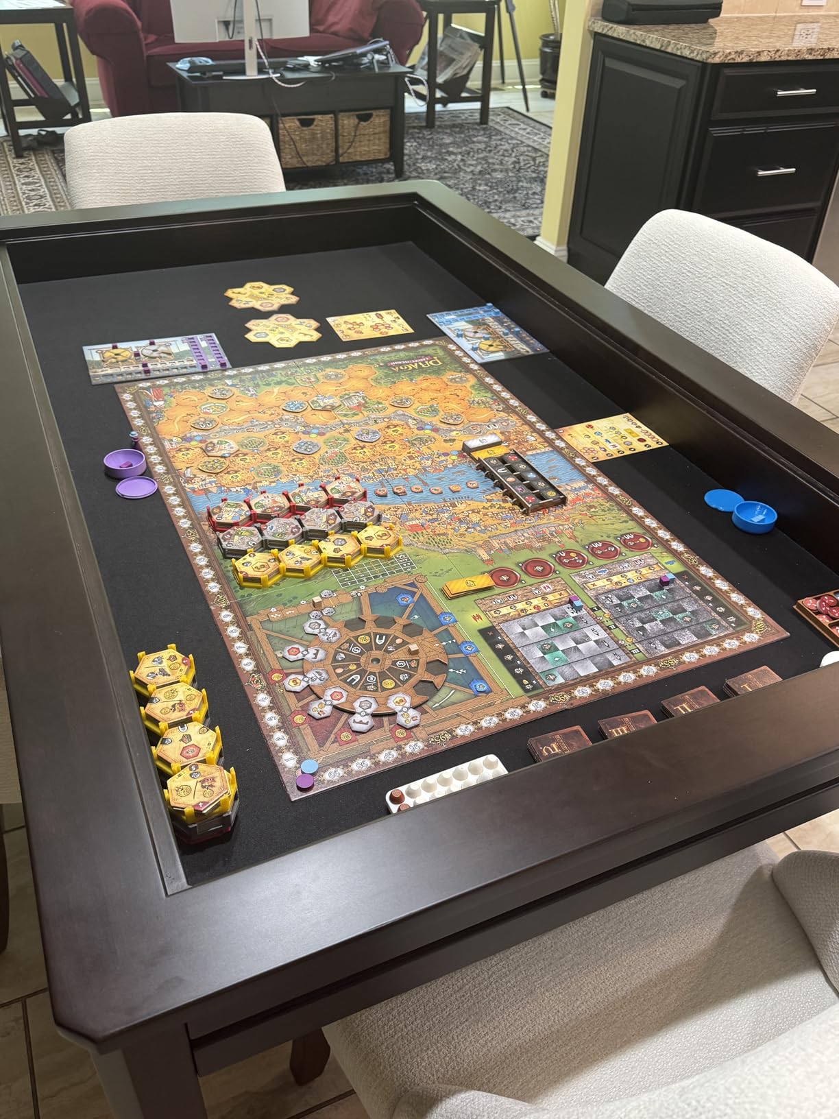 Solid Wood Board Game Table with Removable Table Top for 4-6 Players, Gaming Table and Dining Includes Play Mat and Detachable Cup Holders with 55