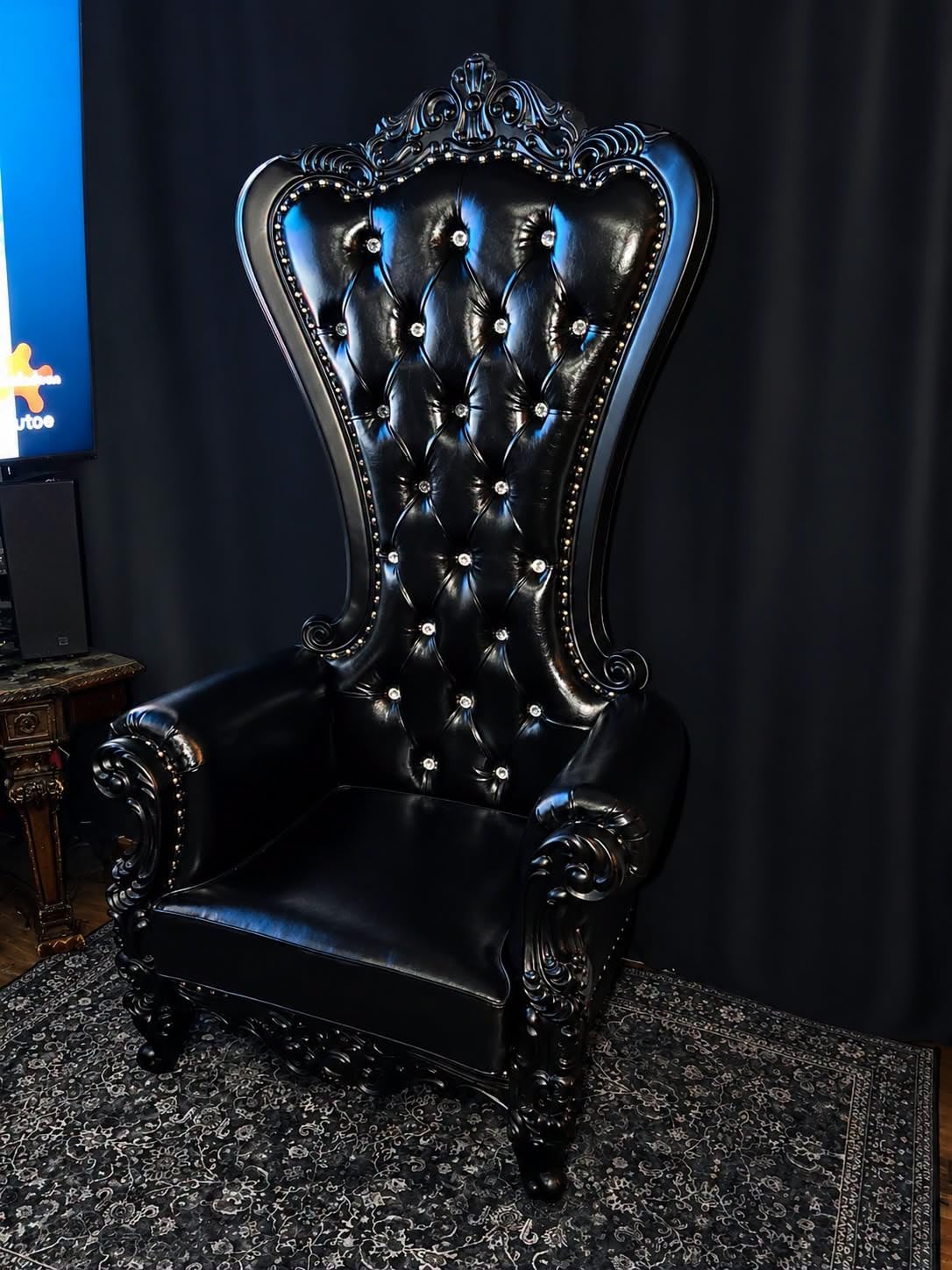 Master Series Throne Chair, Ornate Tufted Chair with Vegan Leather Cushions, Glass Buttons & Victorian Carvings, Solid Eucalyptus Frame, Statement Furniture customer photo 1