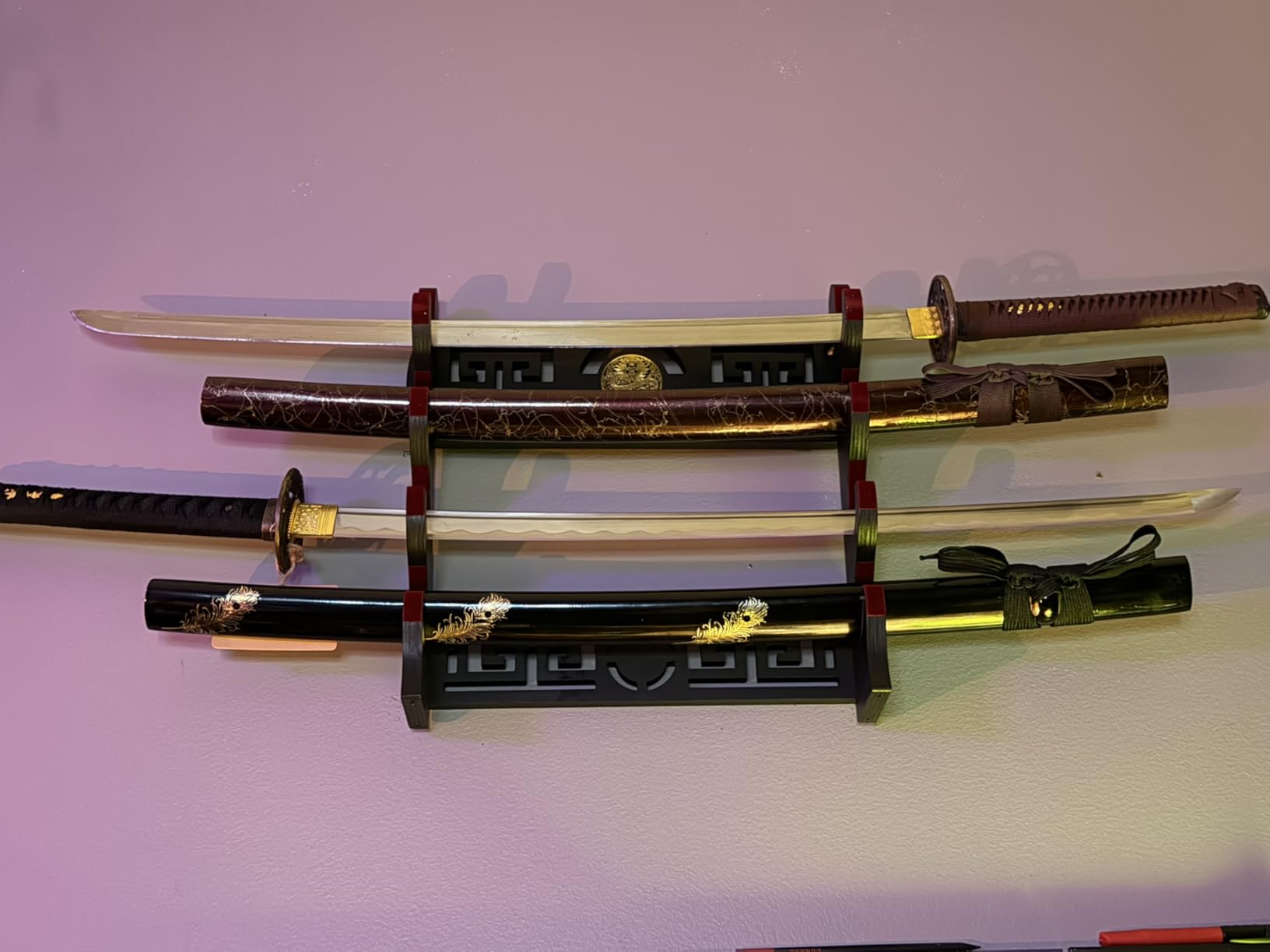 4-Tier Sword Wall Mount & Desktop Rack, 2-in-1 Sword Holder with Unique Hollow Carving, Red Velvet Lining for Samurai Katana Longsword Saber Display customer photo 1