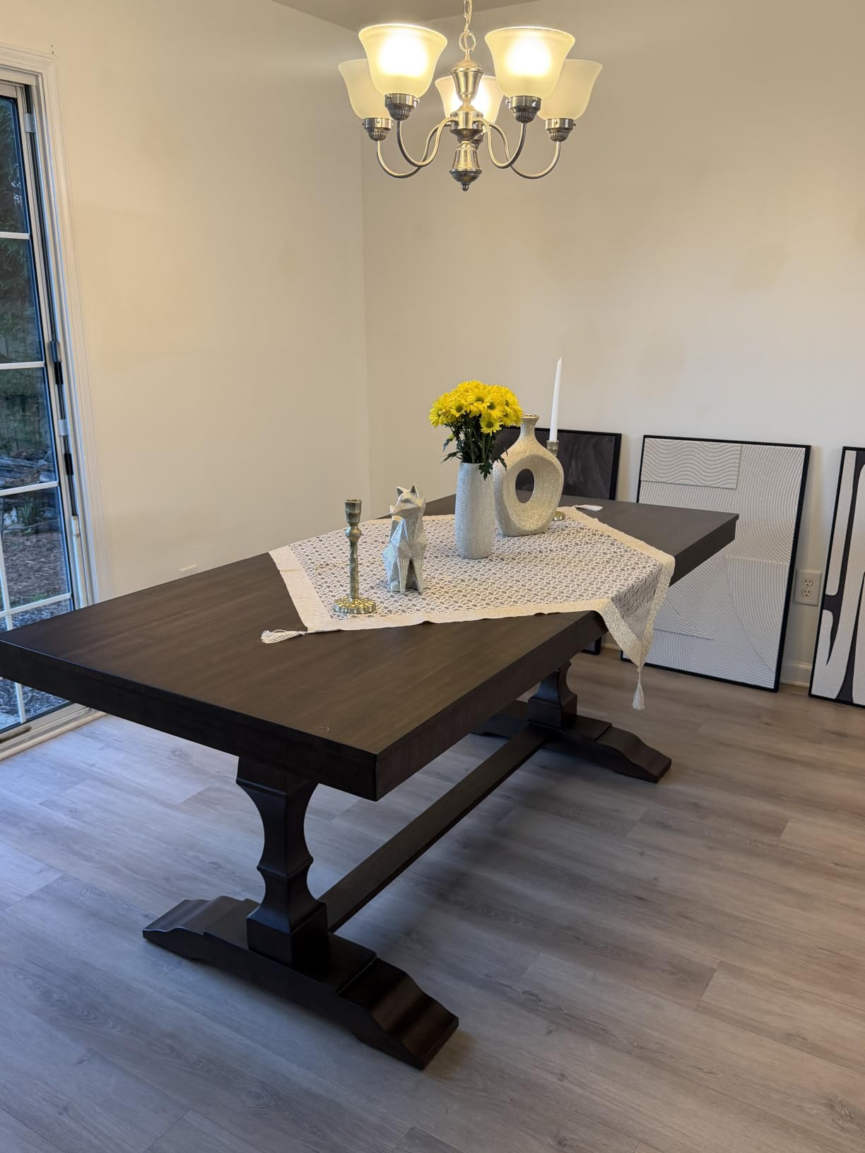 WAMPAT 74.8-inch Long Vintage Farmhouse Dining Table for 6-8 People | Weathered Wooden Textured Tabletop,Solid Wood Double Pedestal Legs with T-Shaped Feet,Non-Extendable,Dark Walnut Brown customer photo 1