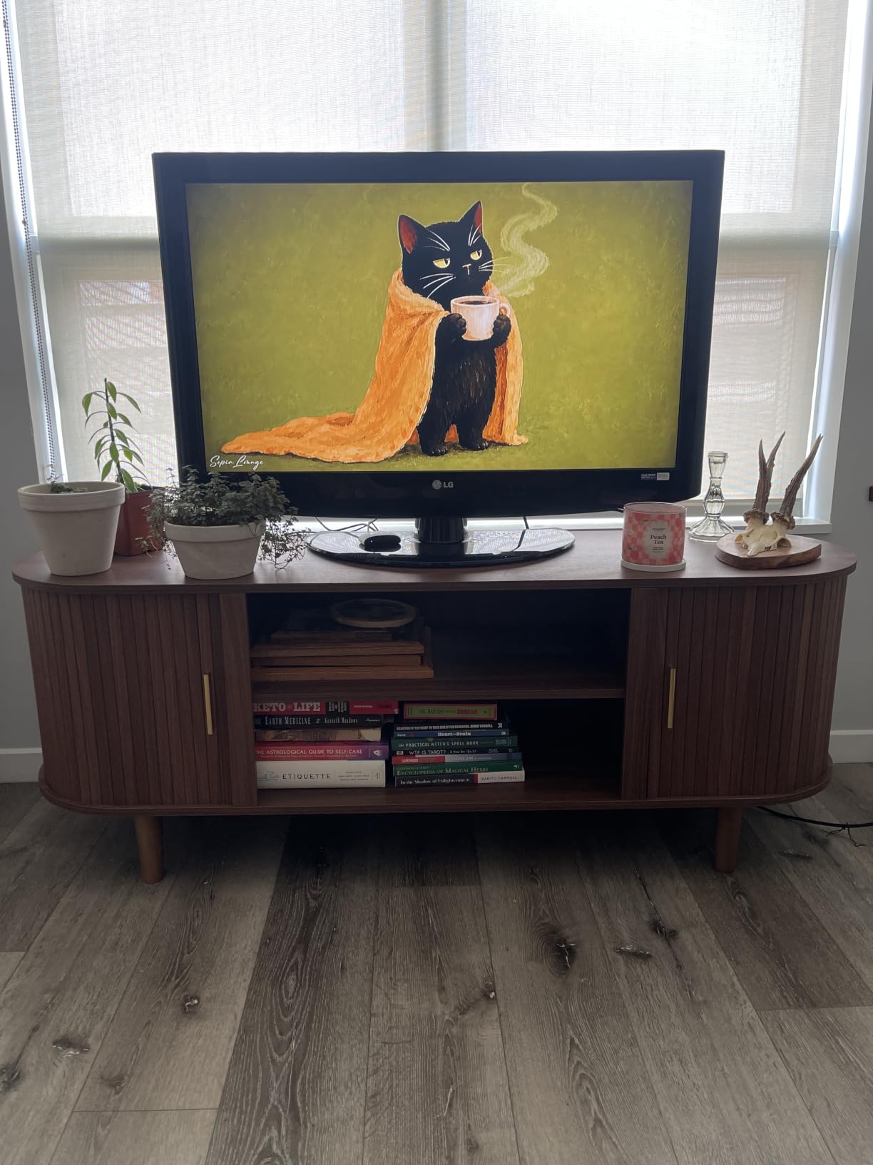 VASAGLE TV Stand for 80-Inch TVs, Mid Century Entertainment Center with Storage, Fluted Sliding Doors, Media Console Table for Living Room, Bedroom, Sand Brown ULTV634K201 customer photo 2