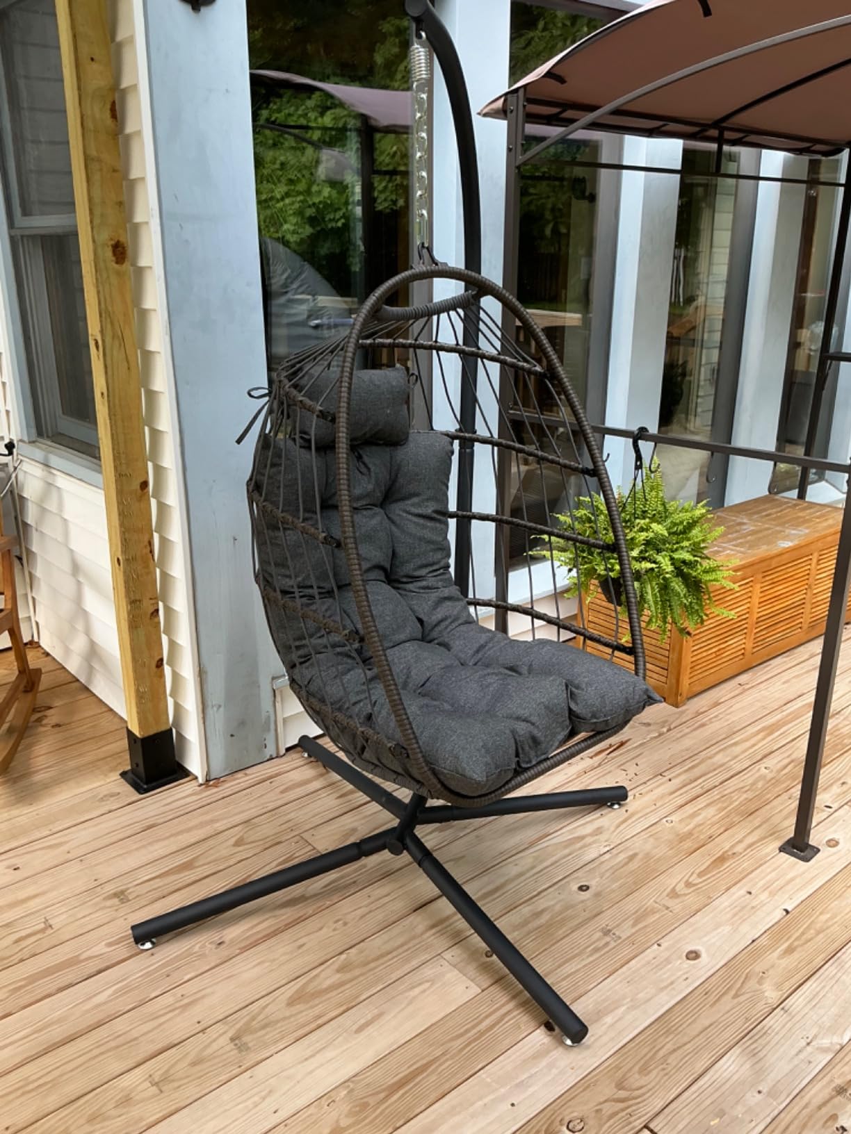 SereneLife Hanging Egg Chair with Stand - Wicker Rattan Outdoor Swing Chair, Powder-Coated Steel Frame, Padded Cushion & Headrest customer photo 2