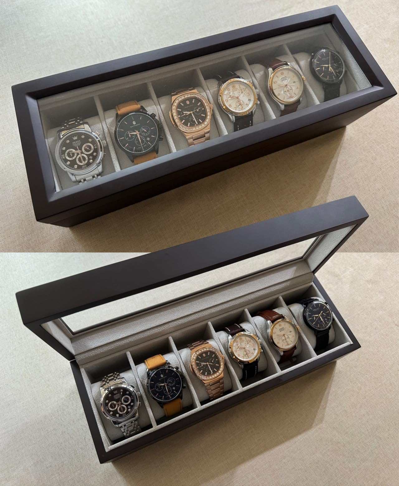 CASE ELEGANCE 6-Slot Wood Watch Box with Glass Top - Espresso | Watch Case, solid wood, magnetic closure, pillow stands customer photo 2