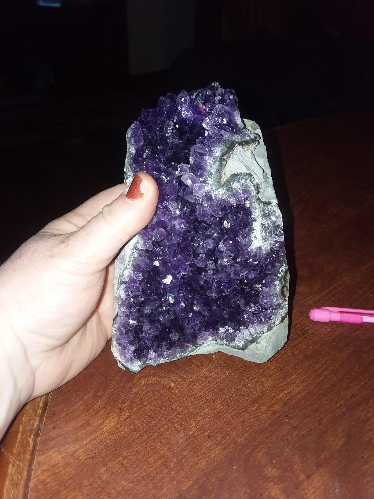 Natural Amethyst Geode Crystal Cluster 2-2.5 lb with BONUS Selenite Wand | Unique Stone, Deep Purple Uruguay Quartz Crystal, Raw Mineral Specimen for Home Decor, Office Desk & Rock Collection customer photo 2