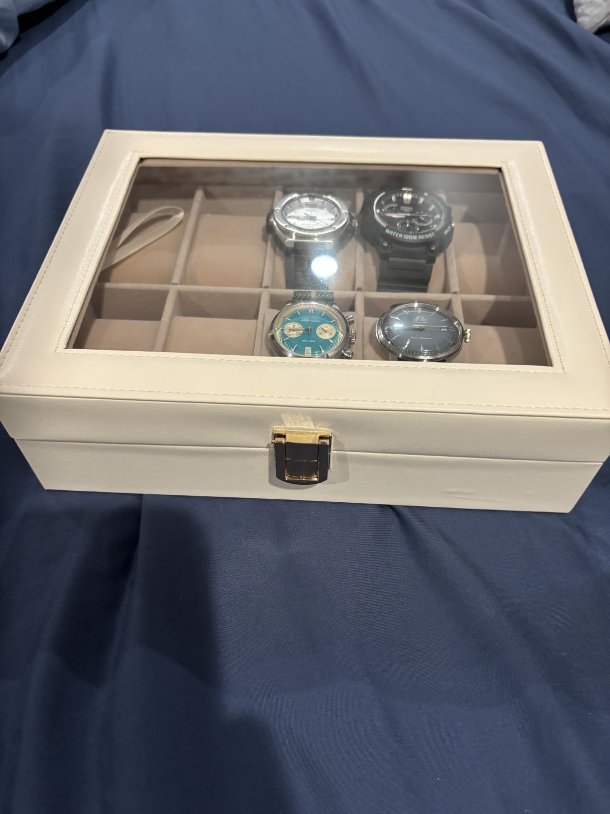 SONGMICS Watch Box, 12-Slot Watch Case Organizer with Large Glass Lid, Removable Pillows, Gift for Loved Ones, Black Synthetic Leather, Gray Lining UJWB12BK customer photo 2