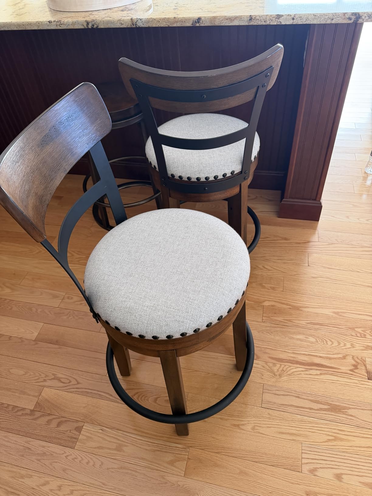 Signature Design by Ashley Valebeck Counter Height Bar Stool, Brown | Rustic-industrial wood and metal stool, Cushioned comfort, Tailored nailhead trim, Smooth 360-degree swivel customer photo 1