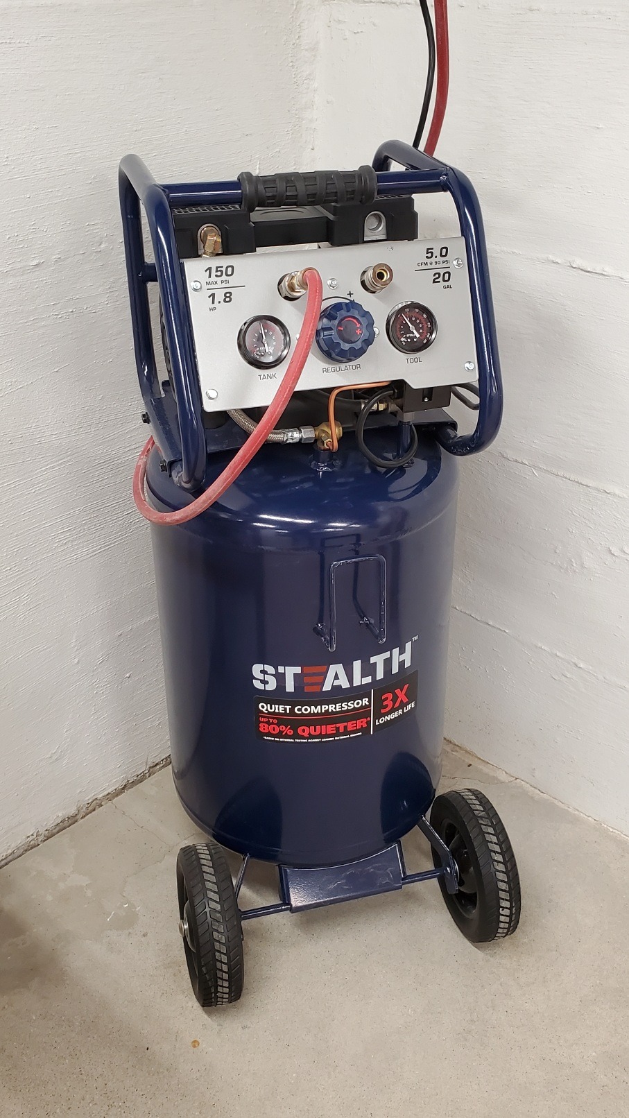 Stealth 20 Gallon Ultra Quiet Air Compressor, 1.8 HP Oil-Free Peak 150 PSI 68 Decibel, 5 CFM @ 90 PSI Silent Electric Air Compressor with Wheels for Garage customer photo 1