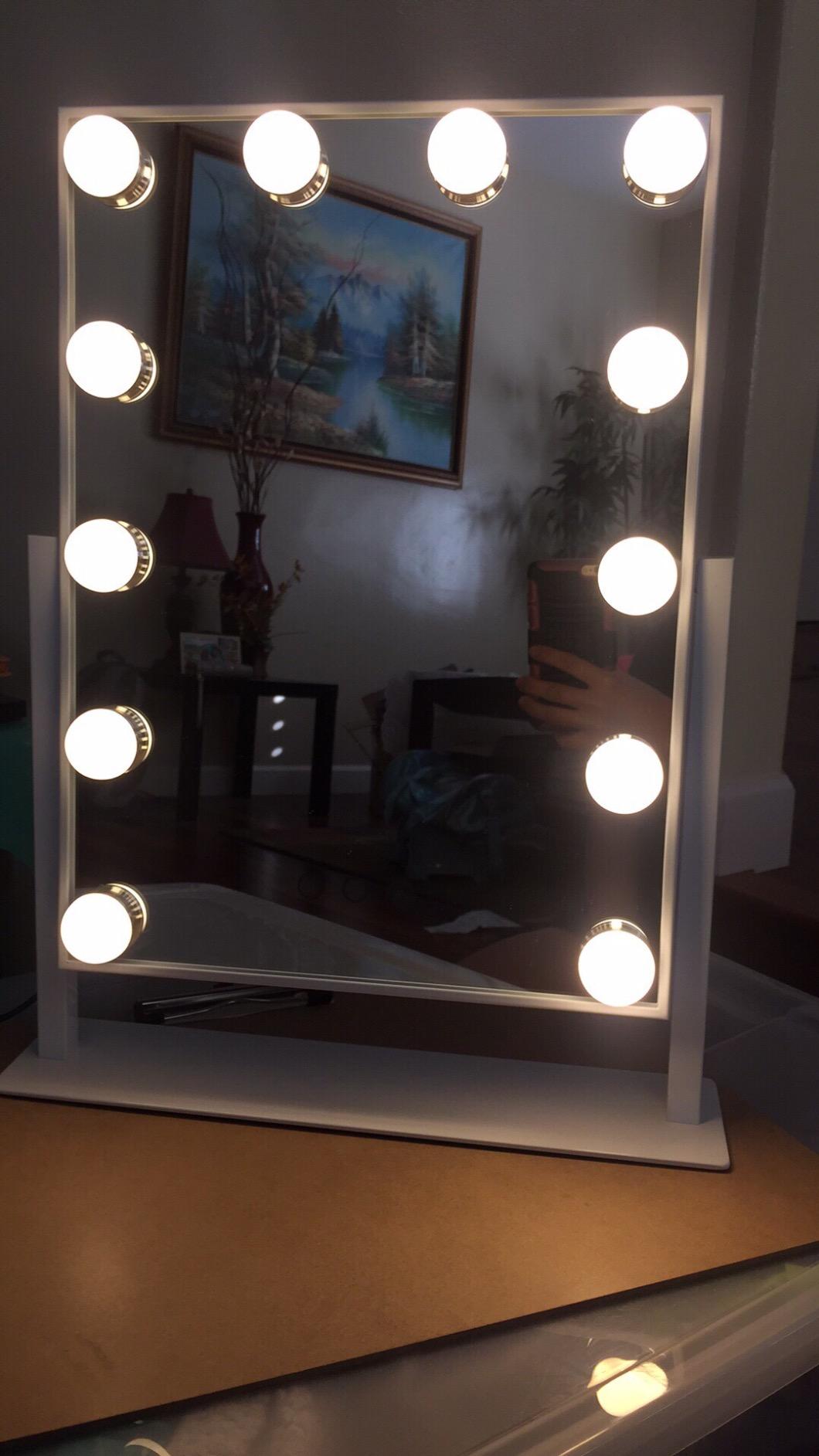 FENCHILIN Vanity Mirror with Lights, 19''x12'' Makeup Hollywood Mirror for Desk with 12 Bulbs Light Smart Touch Control 3 Colors Dimmable Detachable 10X Magnification Tabletop 360°Rotation customer photo 1