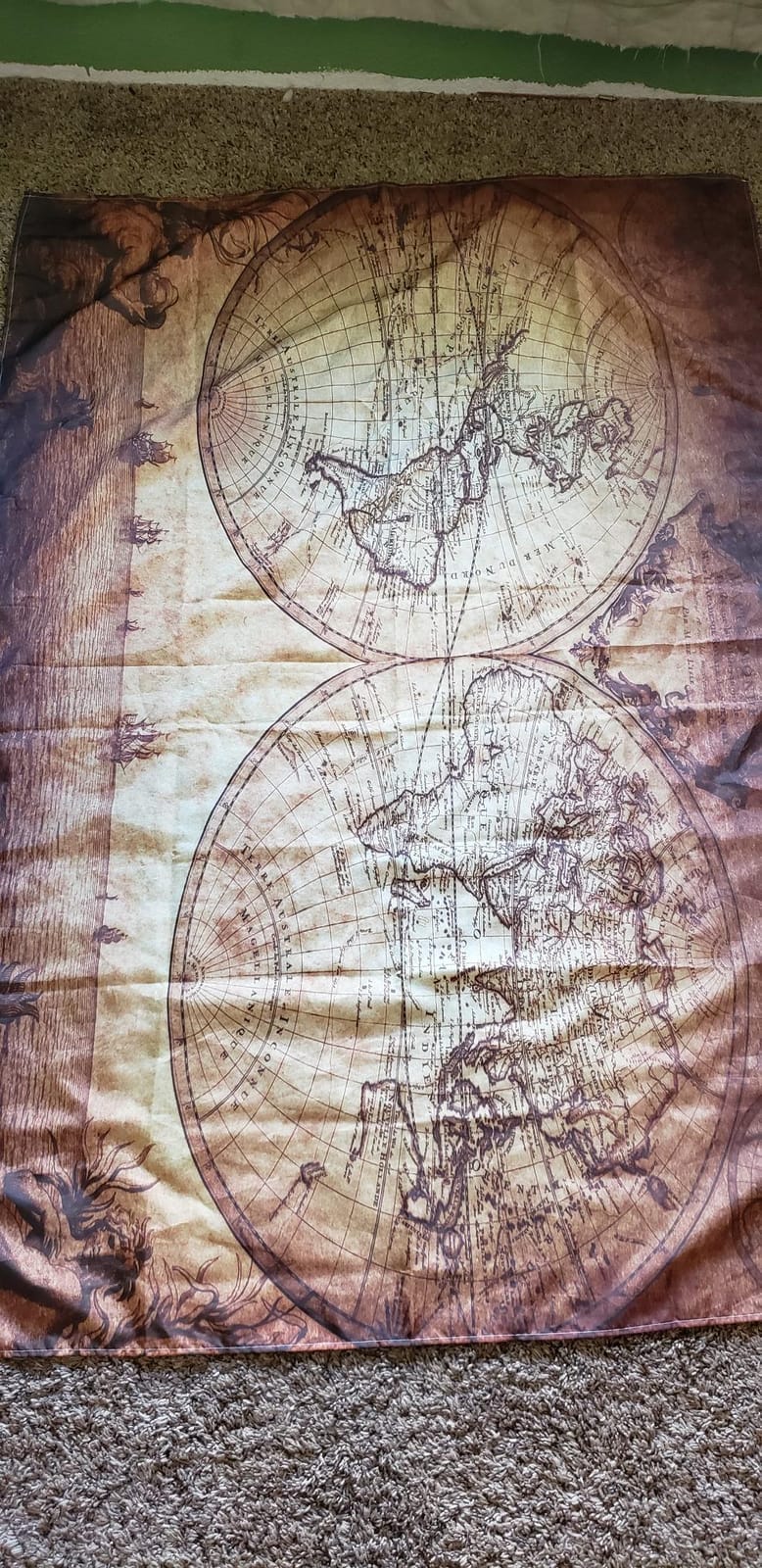 JAWO World Map Tapestry, Antique Old Nautical Wall Hanging, Vintage Double-Hemisphere Retro Ocean Map Wall Art Decor for Bedroom Living Room Dorm, 60X40inch customer photo 1