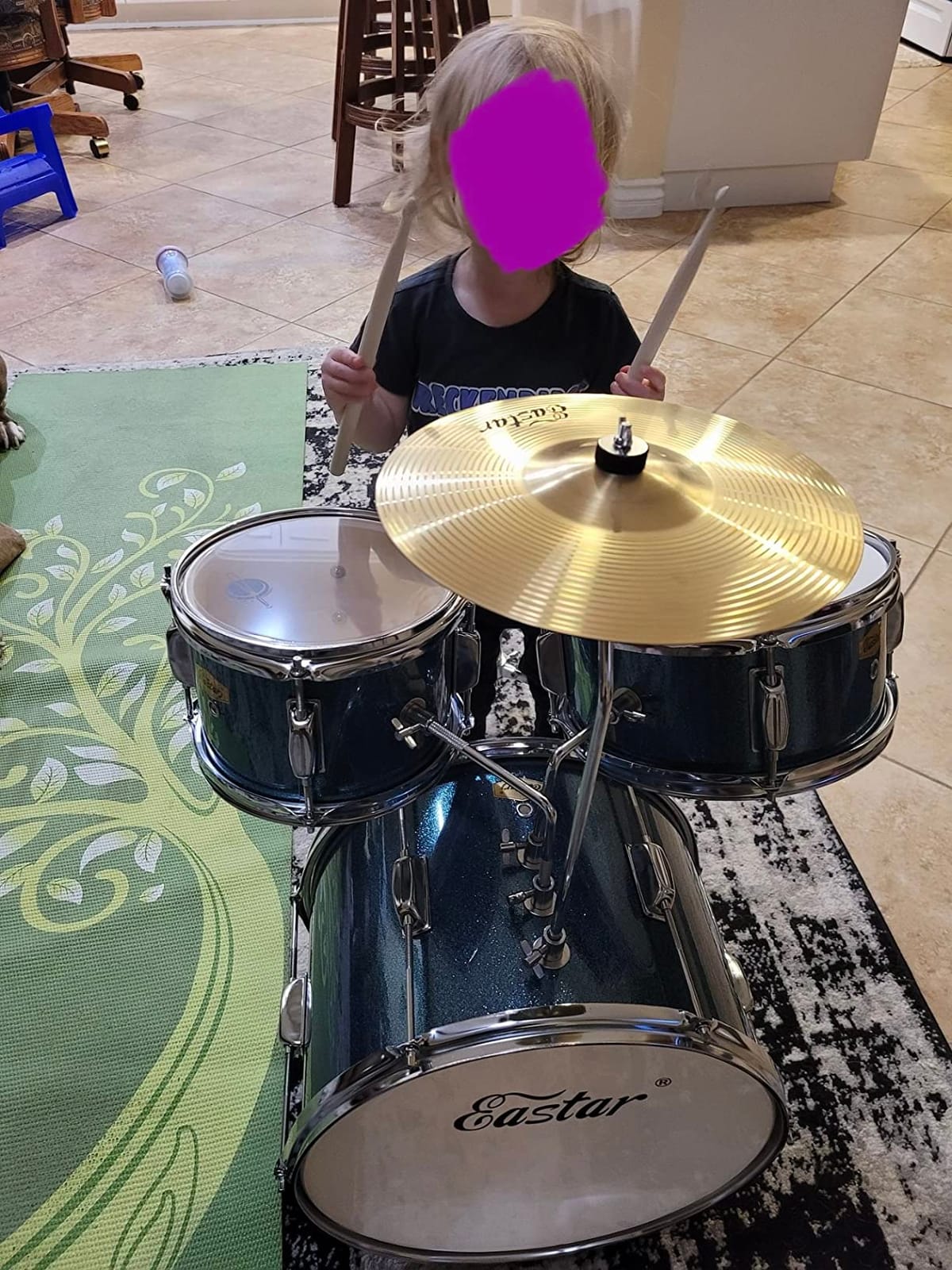 Kids Drum Set Eastar 3-Piece for Beginners, 14 inch Drum Kit with Adjustable Throne, Cymbal, Pedal & Two Pairs of Drumsticks, Junior Drum Set with Bass Tom Snare Drum, Metallic Sky Blue customer photo 2