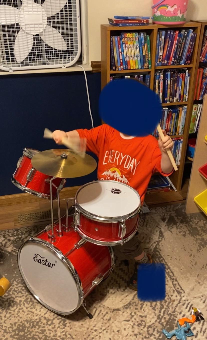 Eastar Drum Set for Kids and Beginners, 3-Piece 14'' Drum Kit with Adjustable Throne, Cymbal, Pedal & Two Pairs of Drumsticks, Junior Drum Set with Bass Tom Snare Drum, Metallic Red customer photo 1
