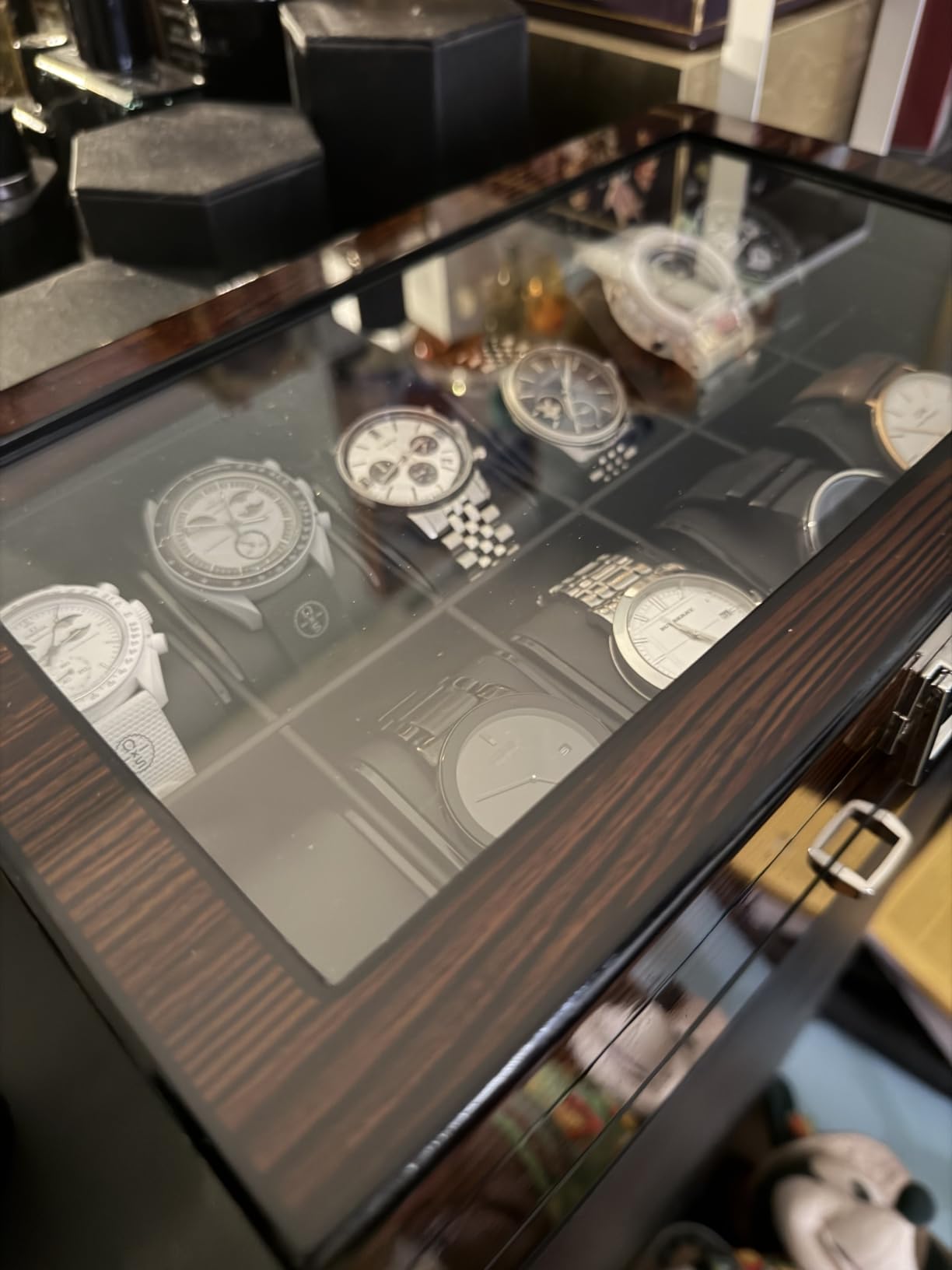 BEWISHOME High-End Watch Box 12-Slot Wooden Watch Case with Large Glass Lid | 2-Layer Watch Cases for Men, Watch Storage Organizer Holder 12Slot, Brown Red SSH02Y customer photo 1