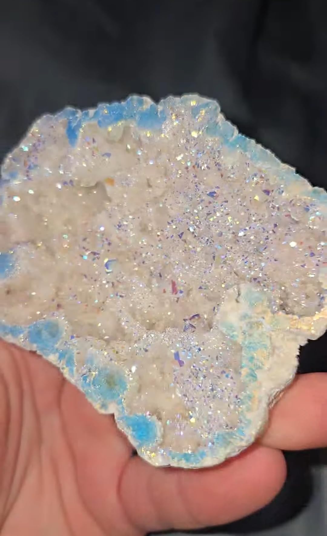 KALIFANO Angel Aura Quartz Geode - Titanium Bonded High Energy Crystal Cuarzo Cluster/Druzy with Information Card - Natural Reiki Rock Used for Clarity and Purpose customer photo 1