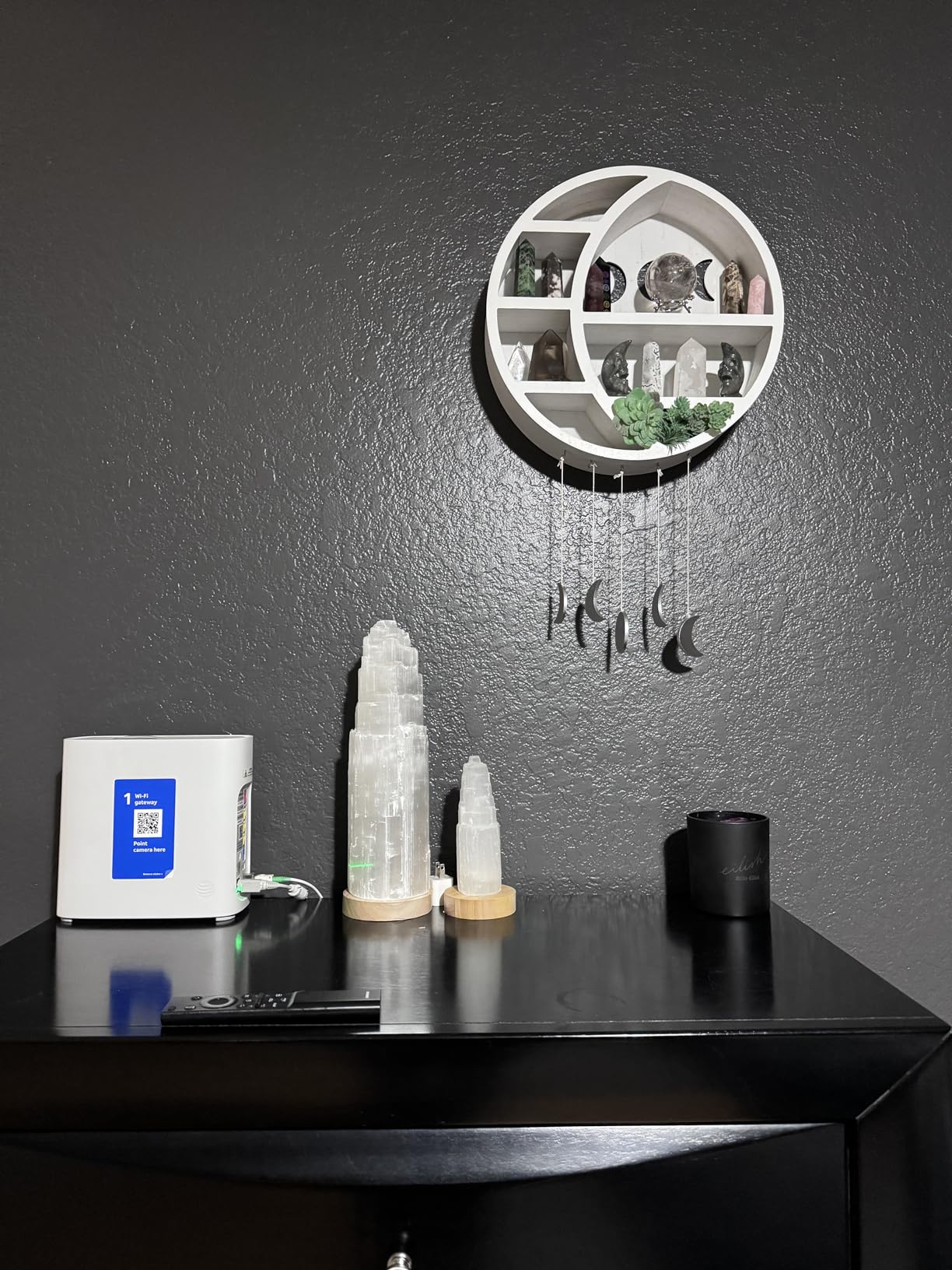 Ella & Emma Wooden Moon Shelf for Crystals - Crescent Moon Crystal Shelf, Storage & Wall Hanging Shelves for Bedroom Aesthetic, Moon Phase Wall Decor & Crystal Display Shelf, Pinewood, Black customer photo 2