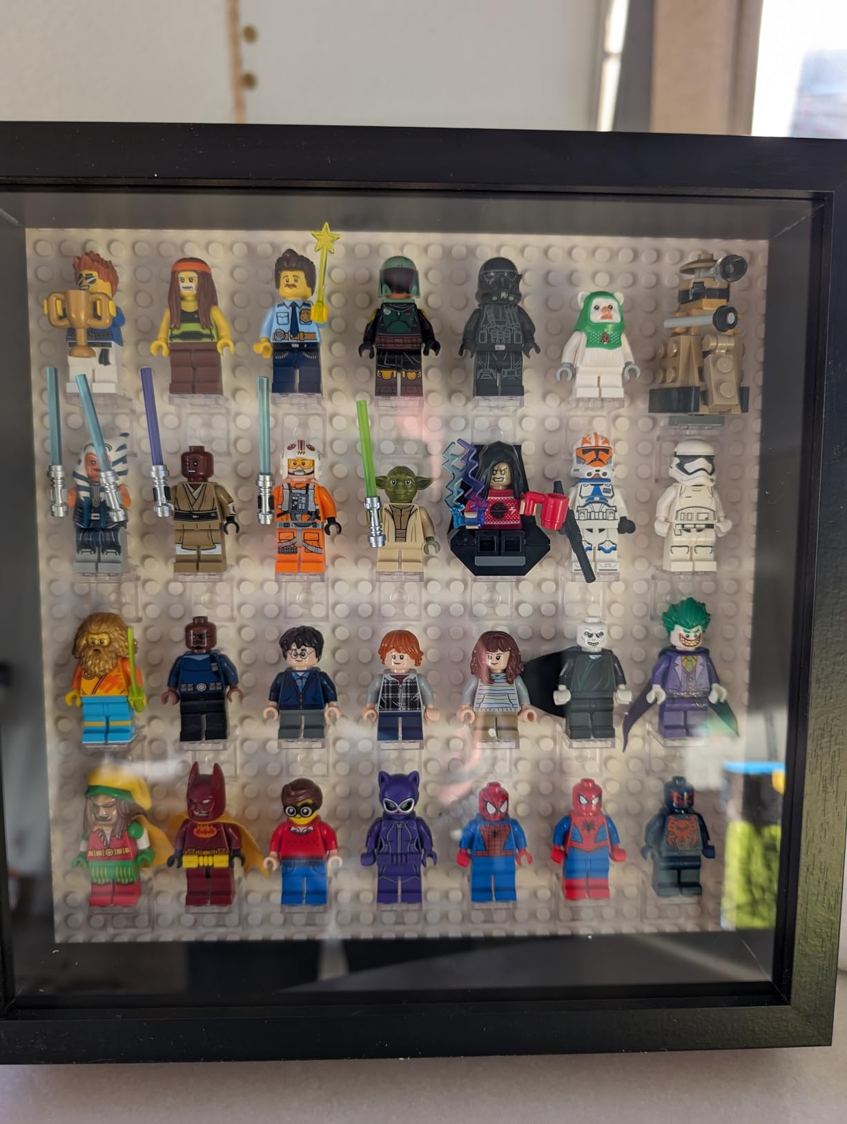 Black Wooden Minifigure Display Case - Memorabilia Display Case for Figures - 11 x 11 Inches Shadow Box Frame - for Wall and Table Top - with Dust Protection - Holds Up to 28 Figurines customer photo 2