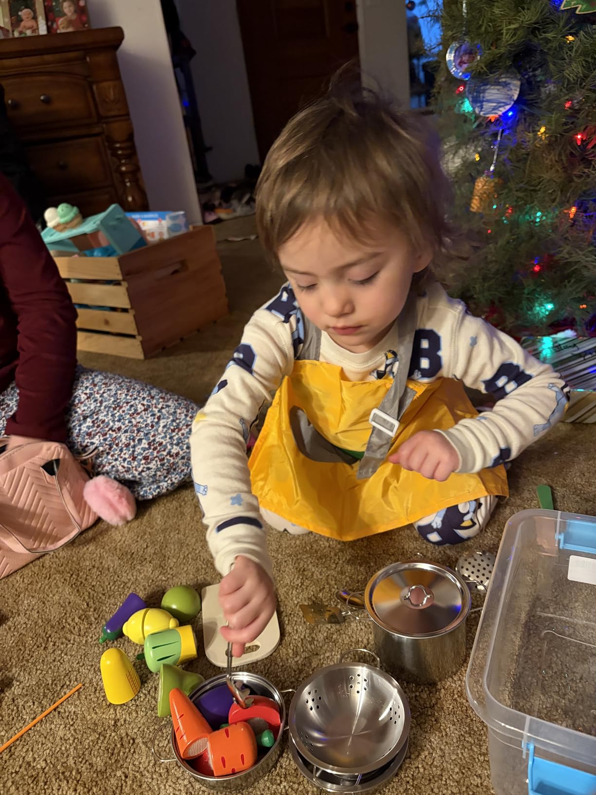 Play Kitchen Accessories, Wooden Play Food, Cooking Set with Stainless Steel Cookware Pots and Pans Utensils, Apron, Chef Hat, Cutting Food Kitchen Playset for Girls and Boys customer photo 1
