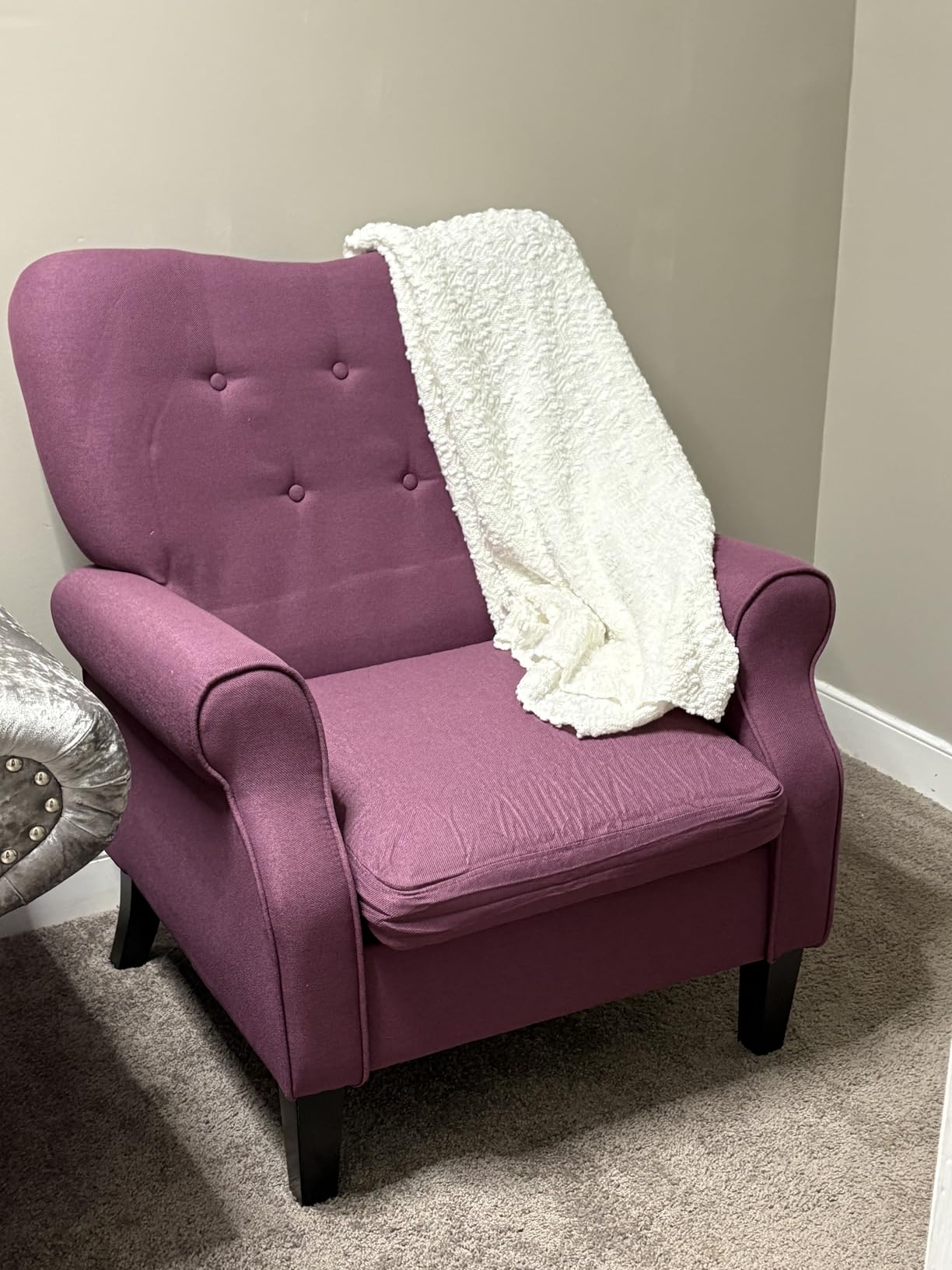 YOLENY Modern Accent Chair,High Back Armchair,Upholstered Fabric Button Single Sofa with Wooden Legs for Living Room,Bedroom,Blue Leaves customer photo 2